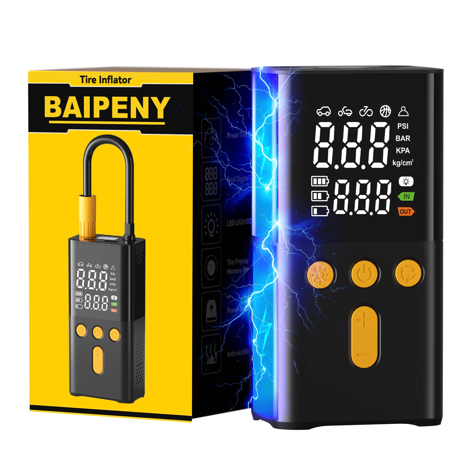 Baipeny Tire Inflator Portable Air Compressor, 4X Faster Air Pump For Car Tires 150 Psi, Portable Tire Inflator For Car With Dig