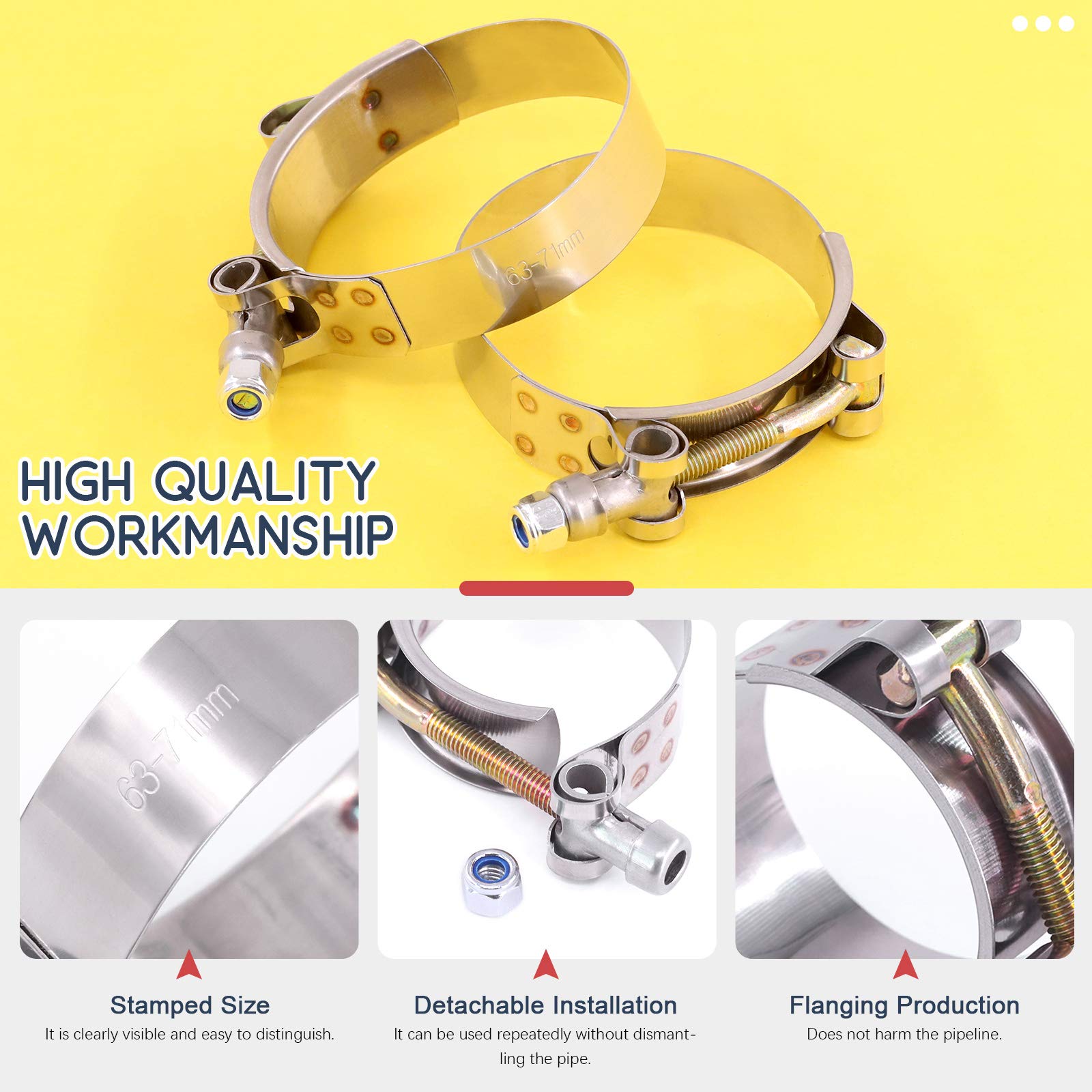 Hilitchi 5Pcs Stainless Steel T-Bolt Clamps With Rounded Band Edges Heavy Duty Turbo Intake Intercooler Clamp (63-71Mm) For 2 1/4 Inch