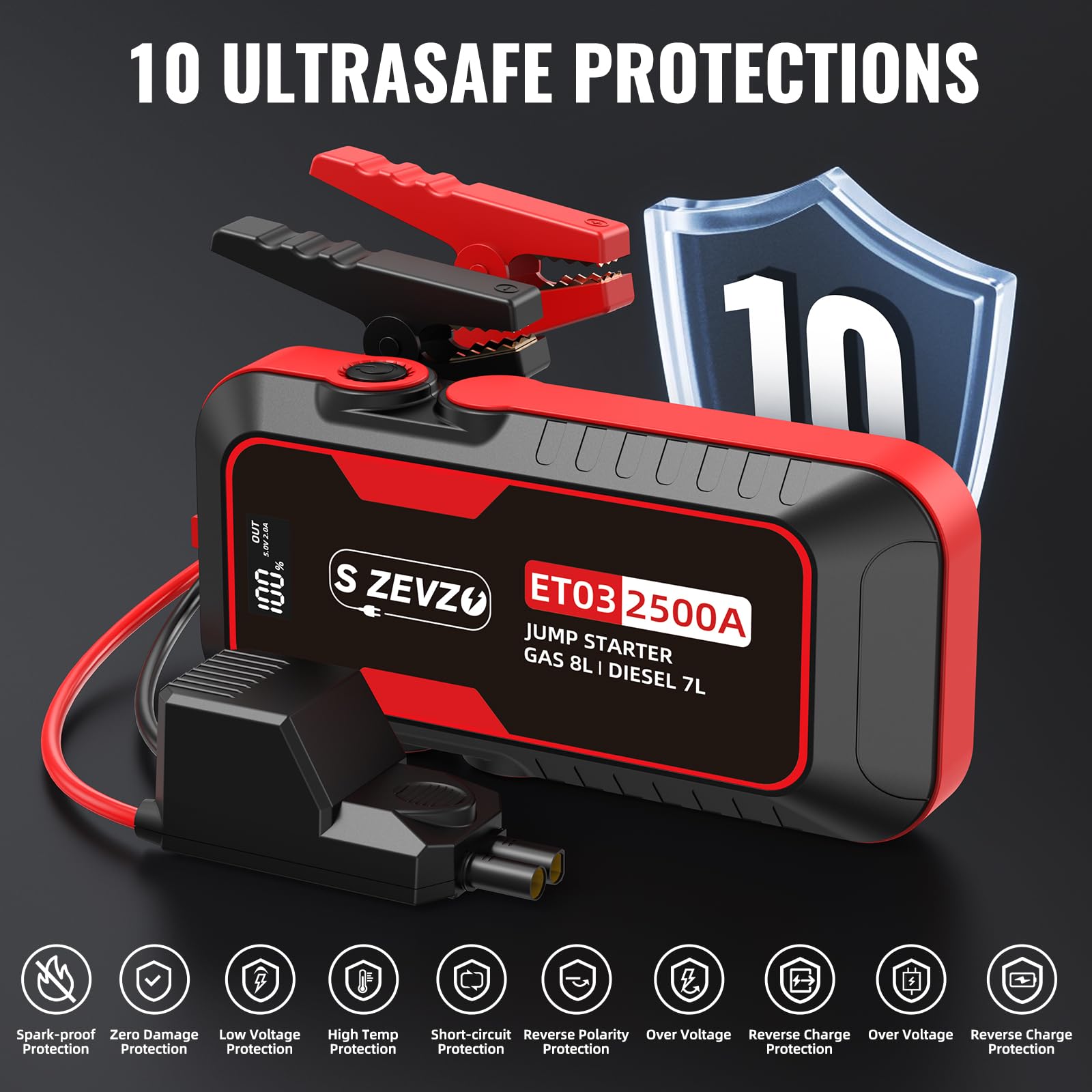 S ZEVZO ET03 Car Jump Starter 2500A for 8.0L Gas & 7.0L Diesel Engines, Portable 12V Battery Pack with USB, LCD, LED