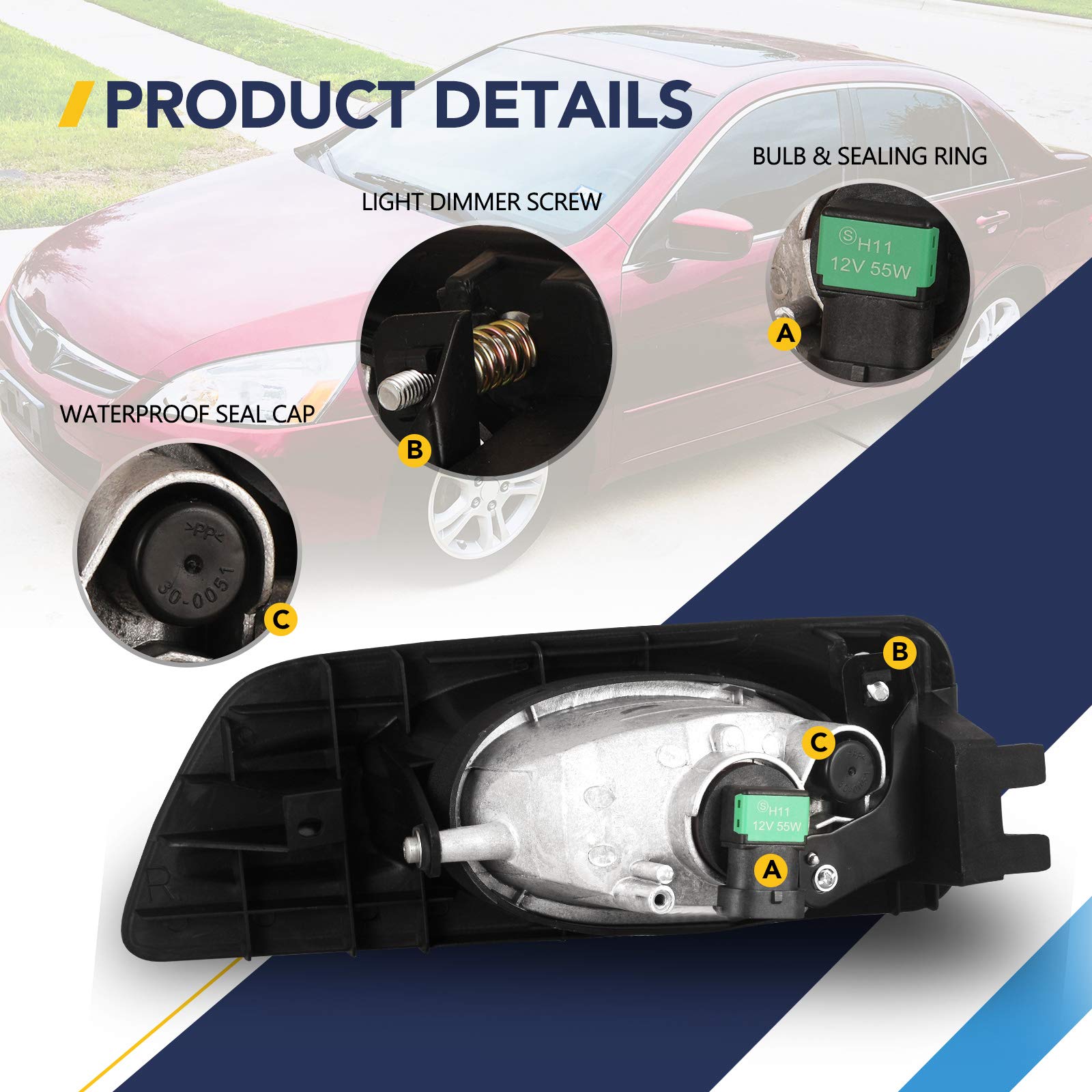 Autofree Fog Lights For Honda Accord Sedan 4Dr 2006 2007 With H11 12V55W Bulbs Oem Fog Lamps Assembly Replacement Included Wirin