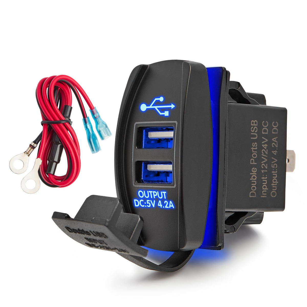 Anina 4.2A Rocker Switch Style Dual Usb Charger Blue Led Light, Waterproof Usb Port With 10A Fuse For Marine Toggle Switch Panel