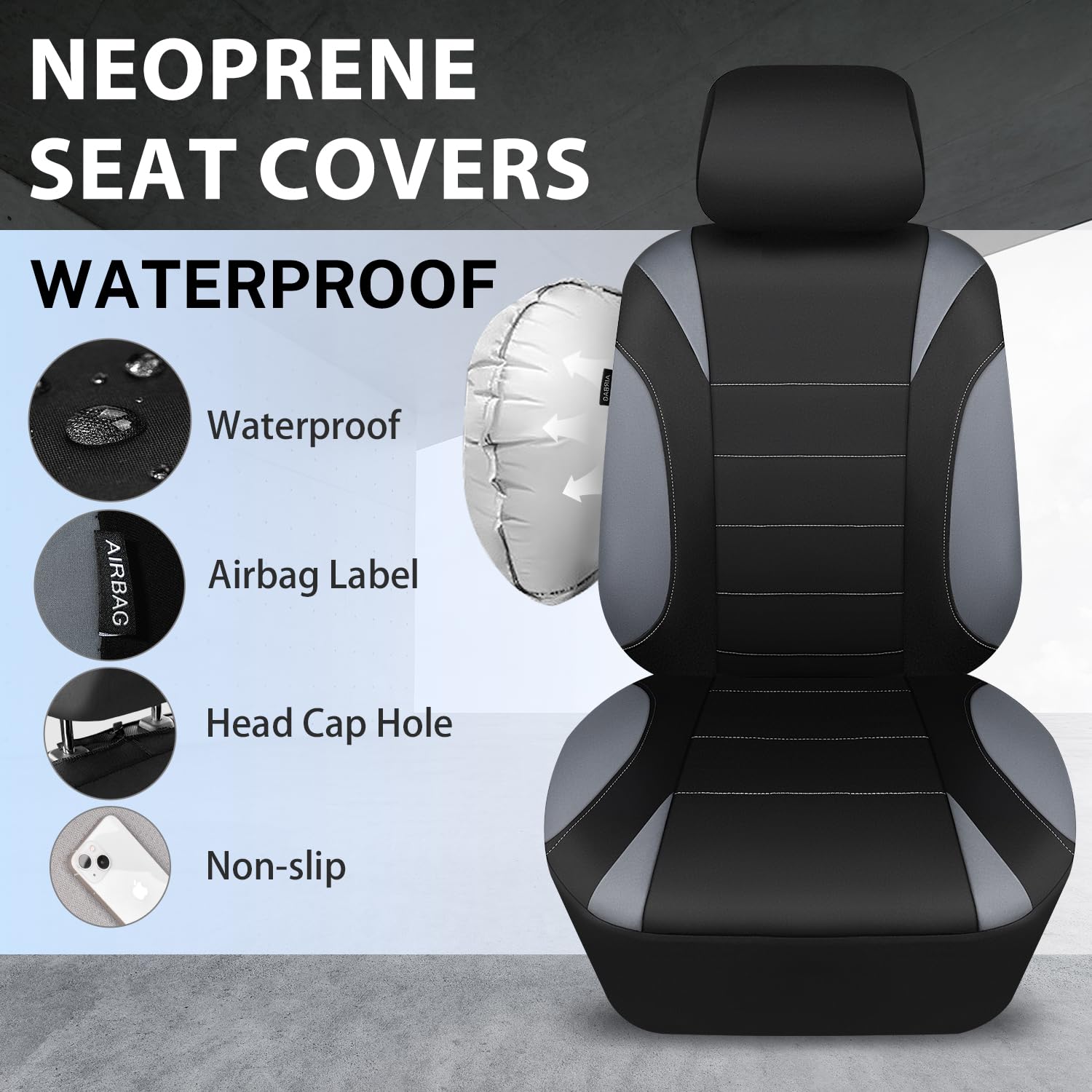 CAR PASS Waterproof Car Seat Covers Front Seats Only with 5mm Composite EVA, Neoprene Car Seat Cover with Separate Headrest Cove