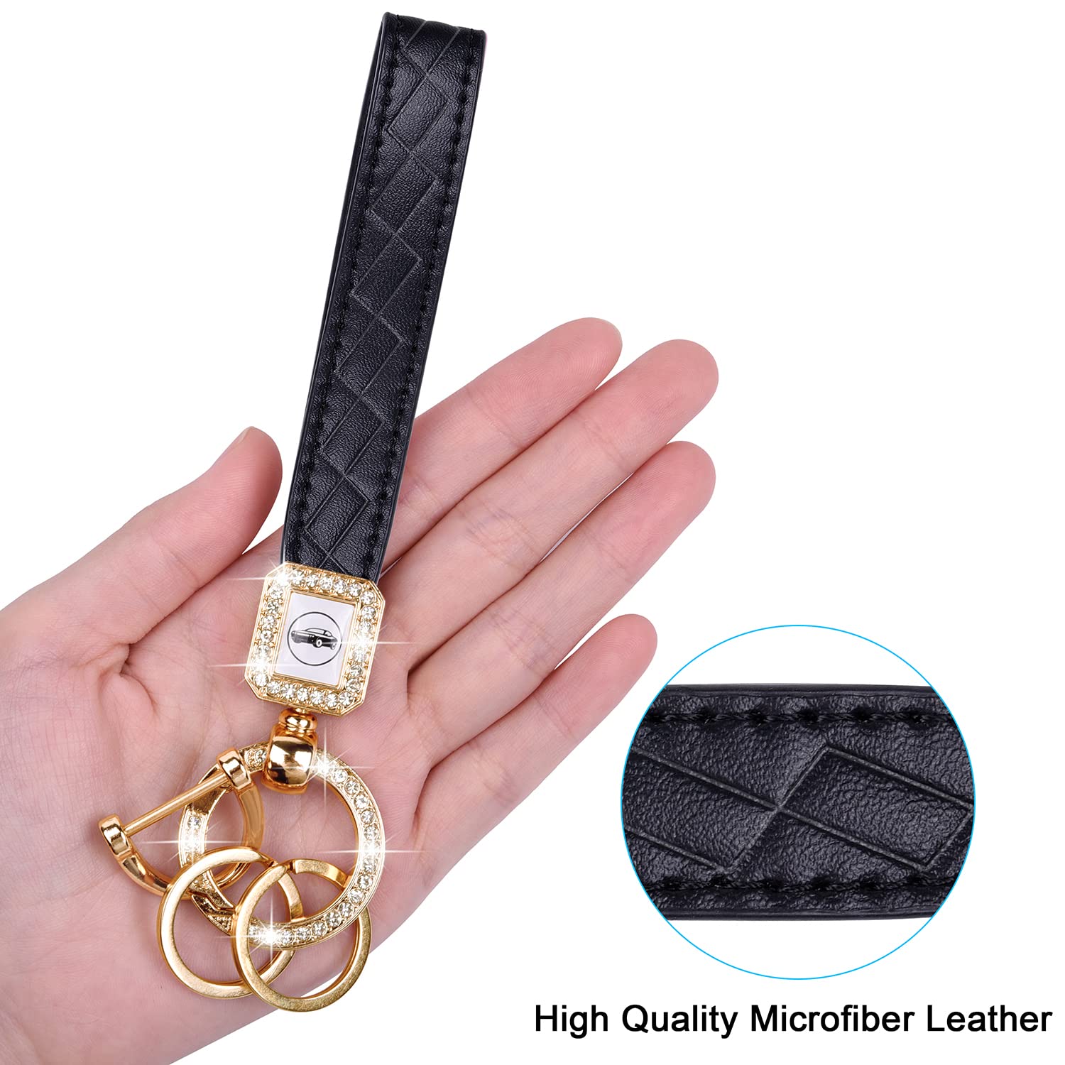 Wisdompro Bling Leather Car Keychain, Universal Microfiber Leather Key Fob Keychain Key Chain Holder Accessories With Sparkly Rhinestones, Anti-Lost D-Ring And 2 Key Rings For Men And Women - Black