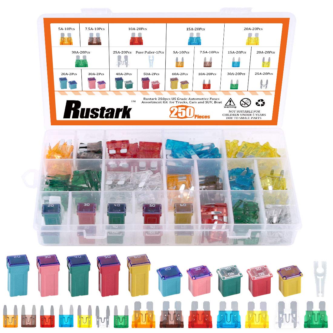 Rustark 250pcs US Grade Automotive Fuses Assortment Kit Standard & Mini Car Blade Fuses, Low and Tall/STD Profile Box Shaped Ass
