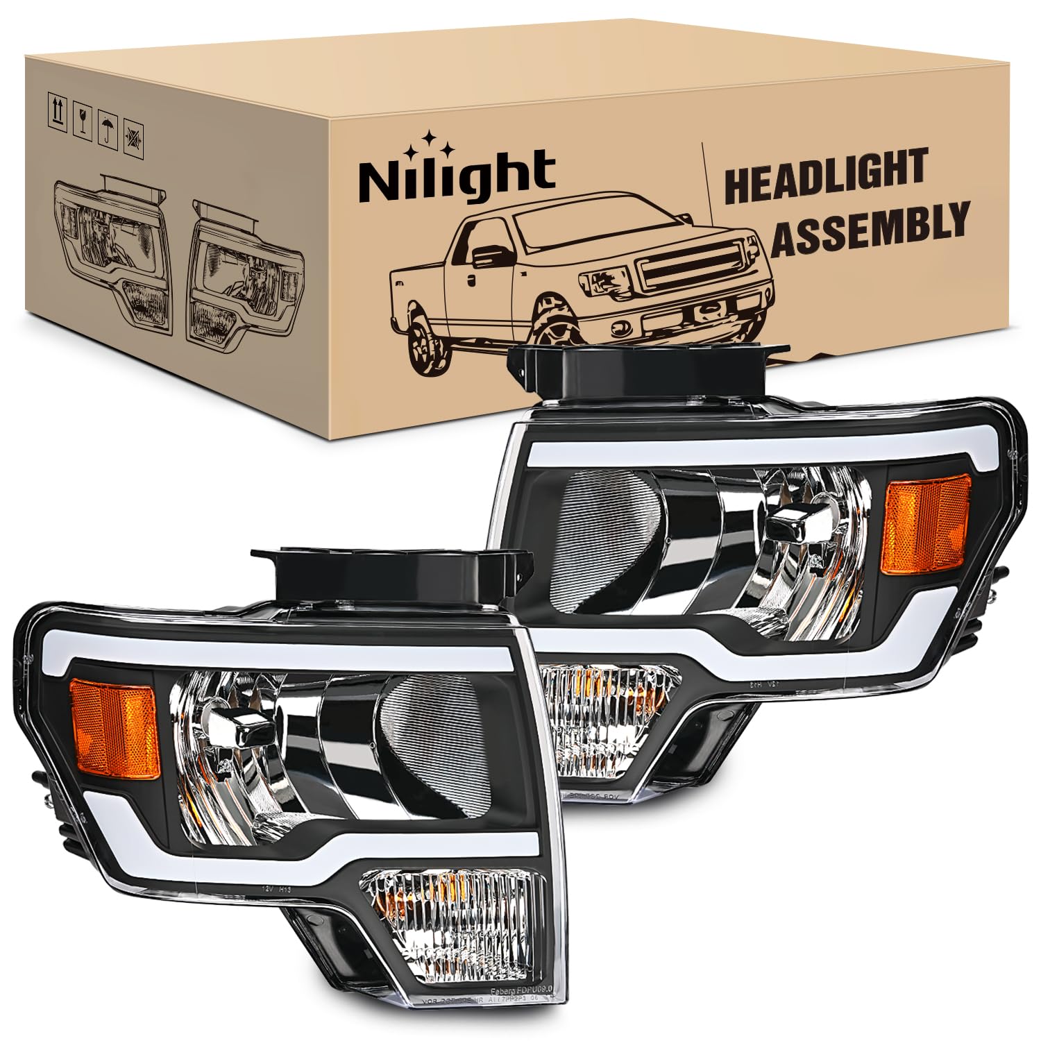 Nilight Headlights Assembly For Ford F150 F-150 2009 2010 2011 2012 2013 2014,Led Drl Headlamp,Black Housing