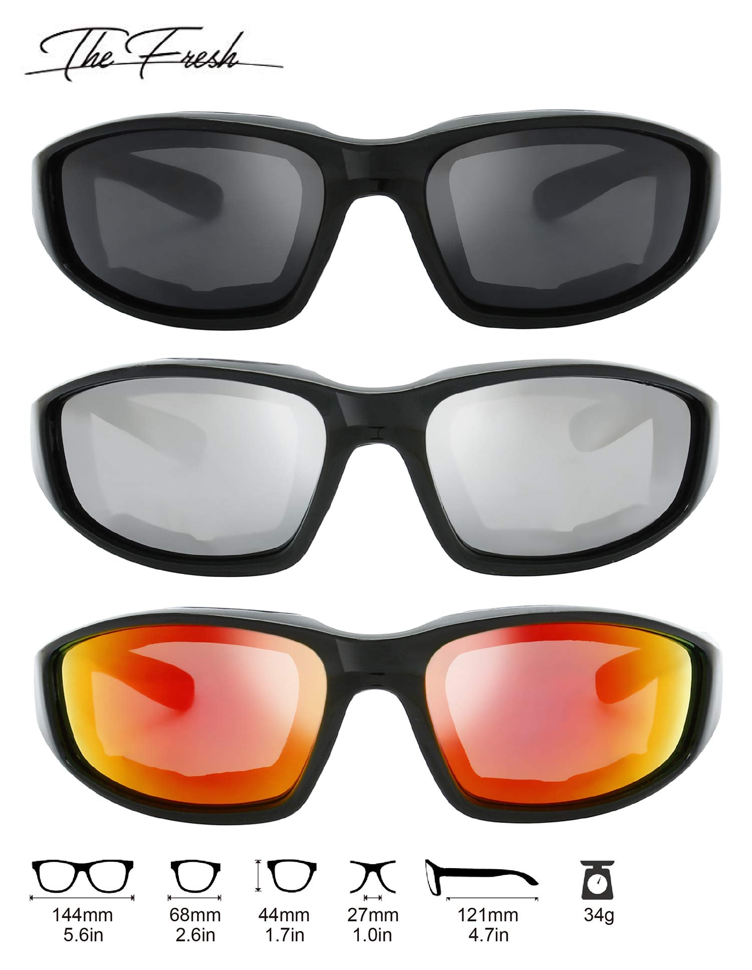 The Fresh Motorcycle Riding Glasses Padded Frame Lens Block 100% Uvb For Outdoor Activity Sport (1404-Shiny Black, Grey, Silver