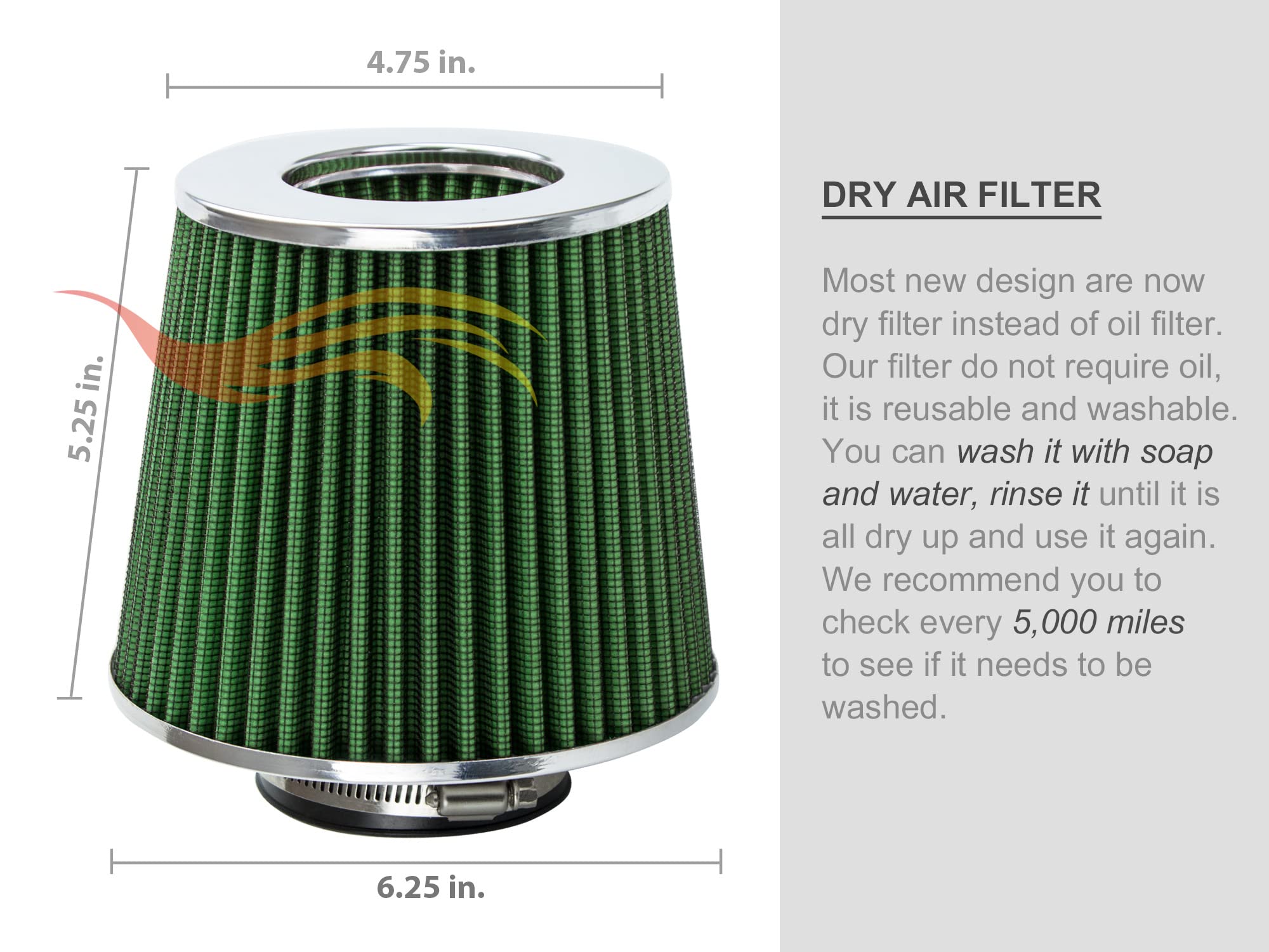 Green 3'' 76 Mm Inlet Cold Air Intake Cone Replacement Quality Performance Washable Clamp-On Dry Air Filter
