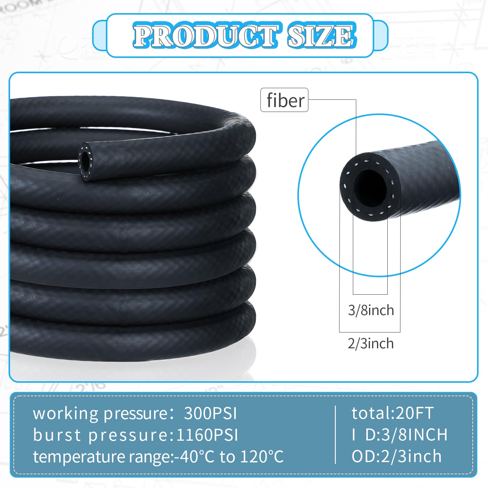 Pangda 20Ft Fuel Line Hose Nbr Rubber Hose Fuel Hose 300Psi Boat Fuel Line For Small Engine Fuel Systems (3/8 Inch)