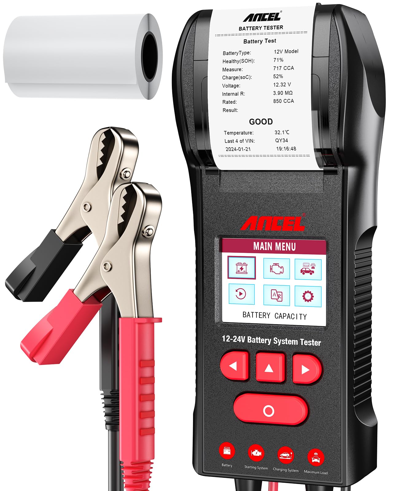 ANCEL BST600 Car Battery Tester with Printer - 12V/24V, 100-2000 CCA, Digital Auto Battery Load Tester - Cranking and Charging S