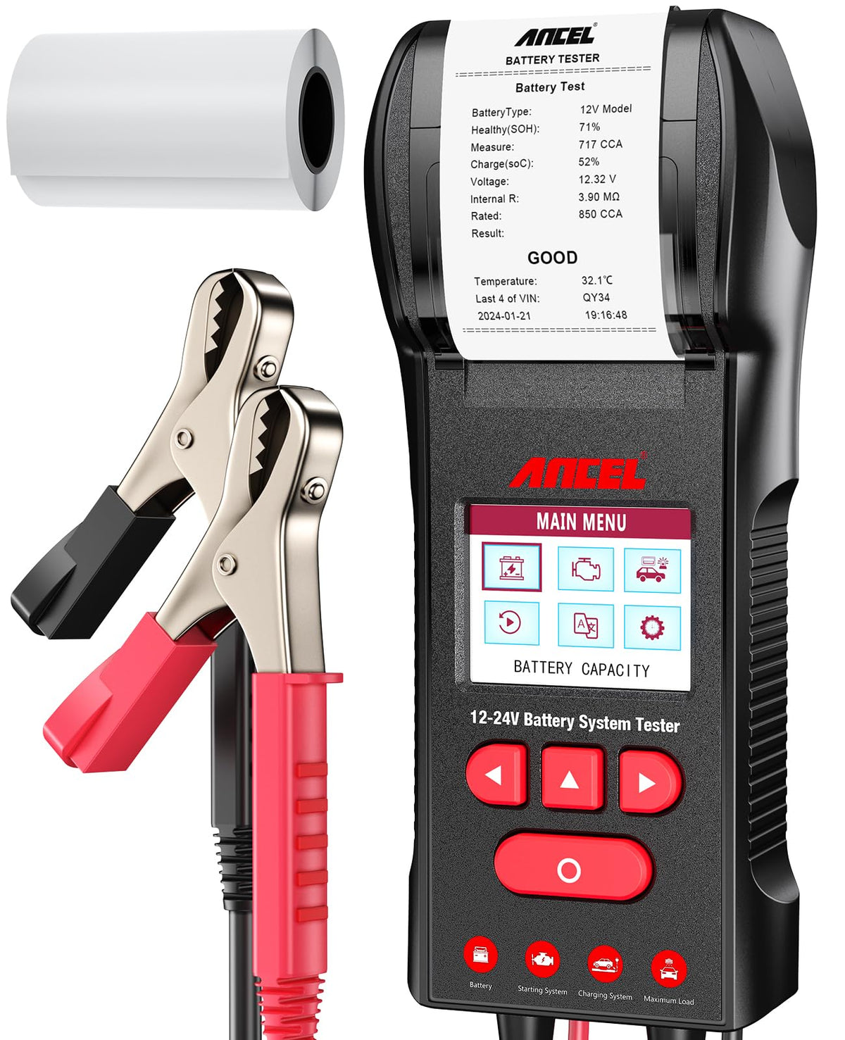 Ancel Bst600 Car Battery Tester With Printer - 12V/24V, 100-2000 Cca, Digital Auto Battery Load Tester - Cranking And Charging S