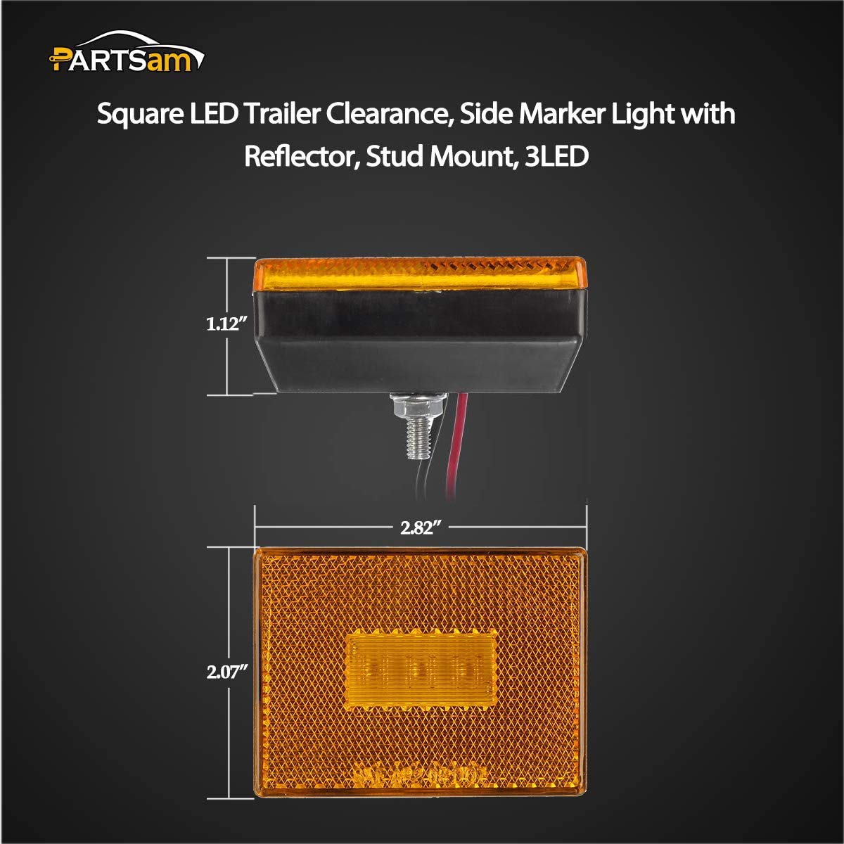 Partsam (2 Amber 3 Led Square Stud Mount Clearance Side Marker Lights Trailer Camper W Reflex, 12V Led Truck Trailer Reflective