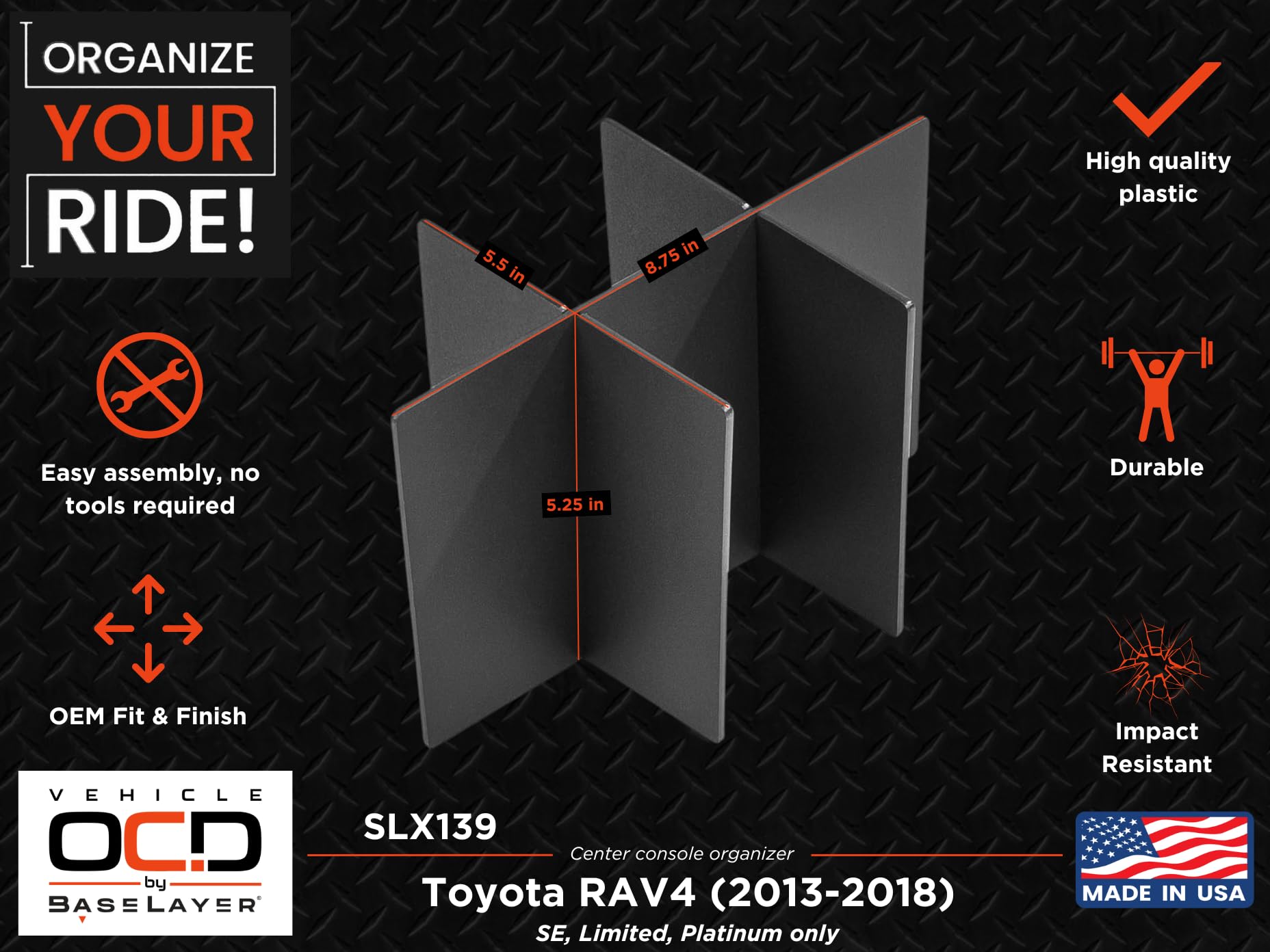 Vehicle Ocd - Center Console Organizer For Toyota Rav4 (Se, Limited, Platinum Only) (2013-2018) - Made In Usa - Slx139