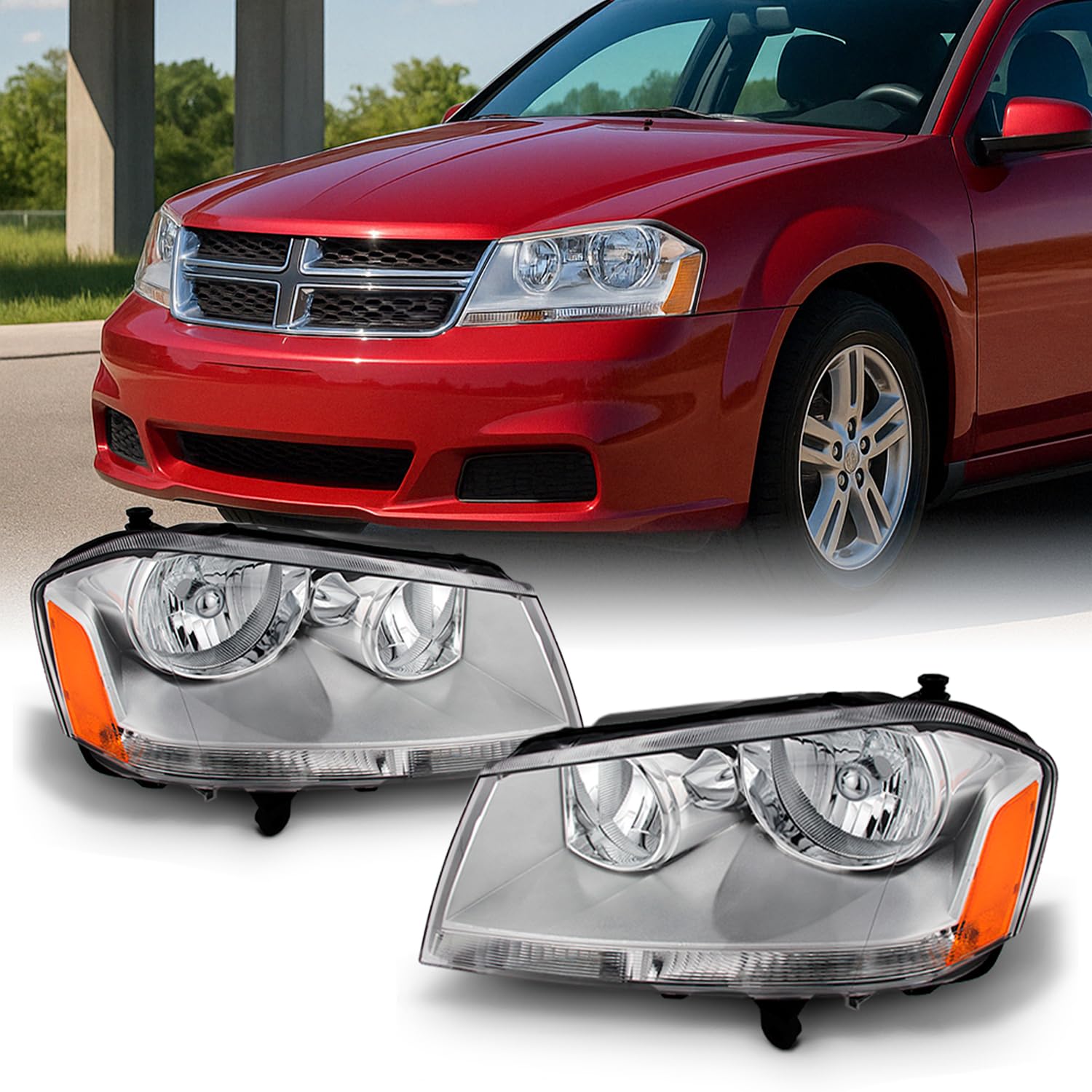 Akkon - For Dodge Avenger Oe Replacement Chrome Bezel Headlights Driver/Passenger Head Lamps Pair New