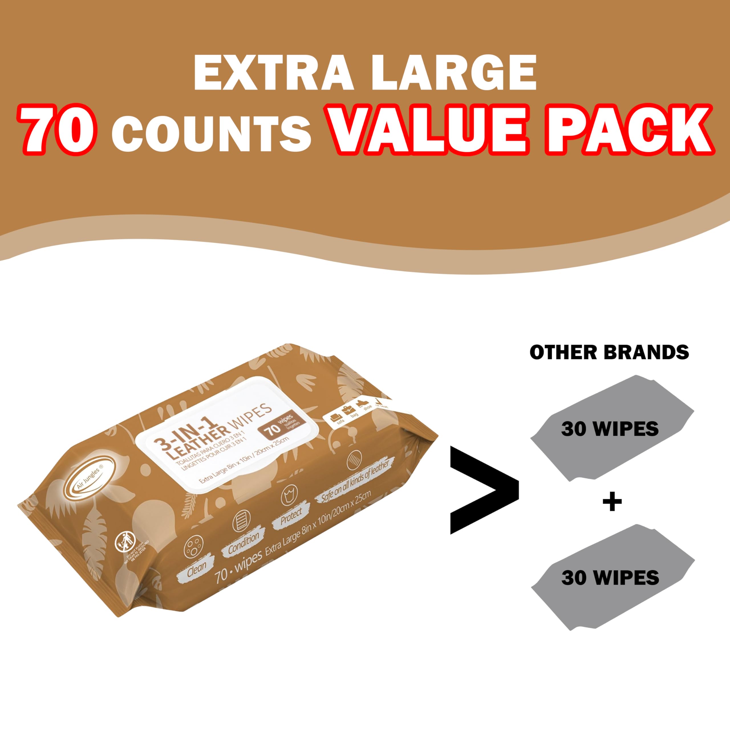 Air Jungles 3In1 Leather Cleaner Wipes 70 Count (Pack Of 3), Extra Large 8'' X 10'' Size, Clean Condition Protect Wipes For Viny