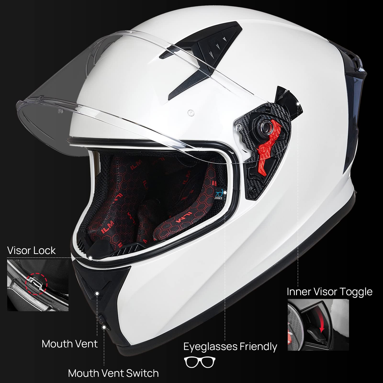 Ilm Motorcycle Helmet Full Face With Pinlock Compatible Clear&Tinted Visors And Fins Street Bike Motocross Casco Dot Model Z501(White, Xx-Large)