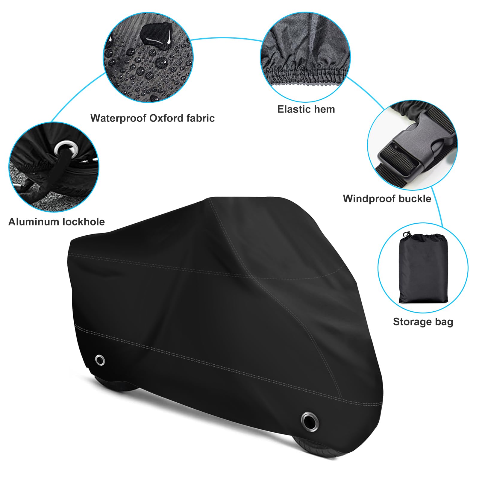 Xyzctem All Season Black Waterproof Sun Motorcycle Cover,Fits Up To 116'' Motors (Xxx Large & Lockholes)