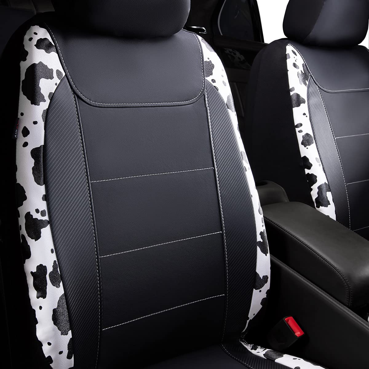 Flying Banner Car Seat Covers Protects Water Proof Faux Leather Carbon Fiber Fronts Rear Bench Covers (Cow Black, Full Set - Com