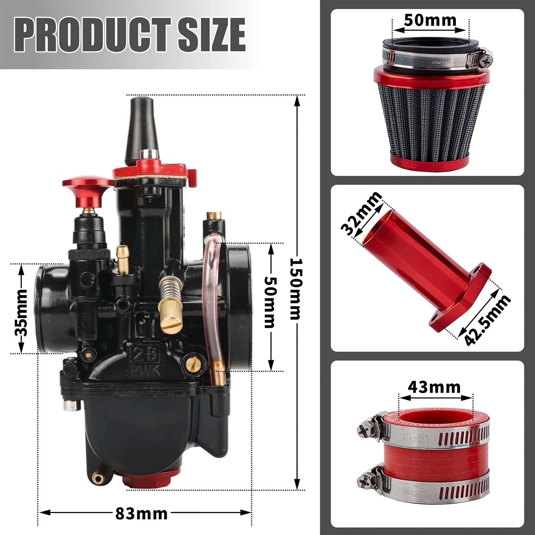QXBER 28mm Carburetor Kit for Predator 212, Upgrade for 196cc 224cc Engines, Includes Intake Manifold & Air Filter