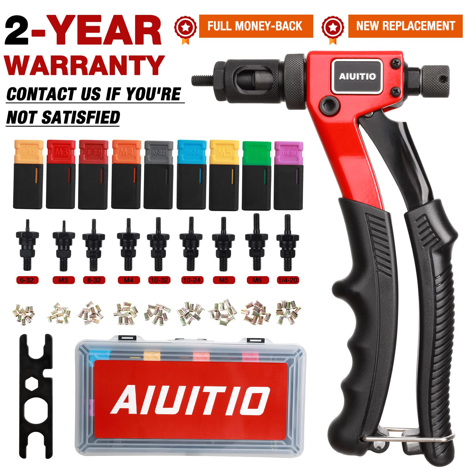 Aiuitio 8 Rivet Nut Tool, Rivnut Tool Kit With 9 Metric And Sae Mandrels, Nutsert Rivet Tool Set With 90Pcs Rivnuts, Sturdy Case Packed, Designed For Tight Space