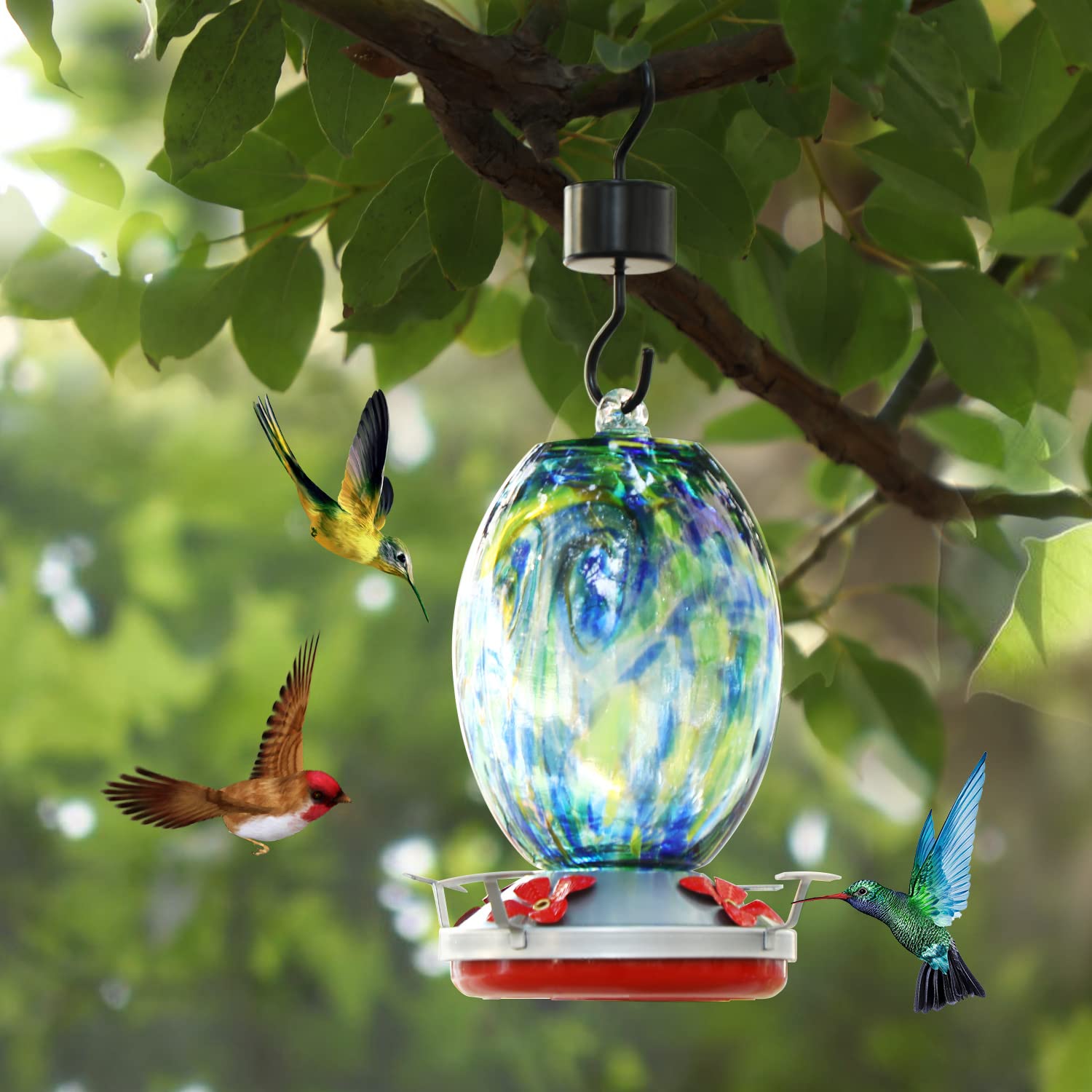 Jalamwang Hummingbird Feeder For Outdoors Hanging, 25 Ounces, Hand Blown Glass, Leak Proof Rustproof, Containing Ant Moat, For A