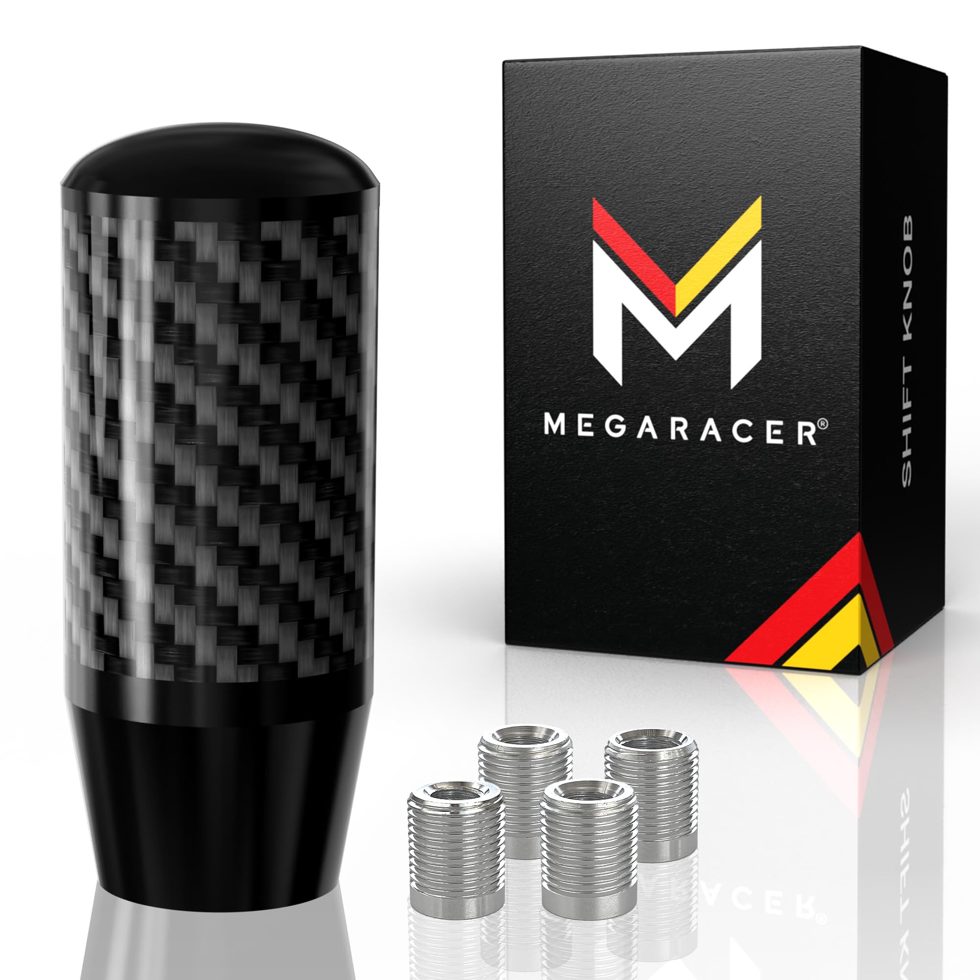 Mega Racer Black Carbon Fiber Shift Knob - Metal Threaded Adapter, Buttonless Automatic, 4 5 6 Speed Manual Transmission, JDM Ca