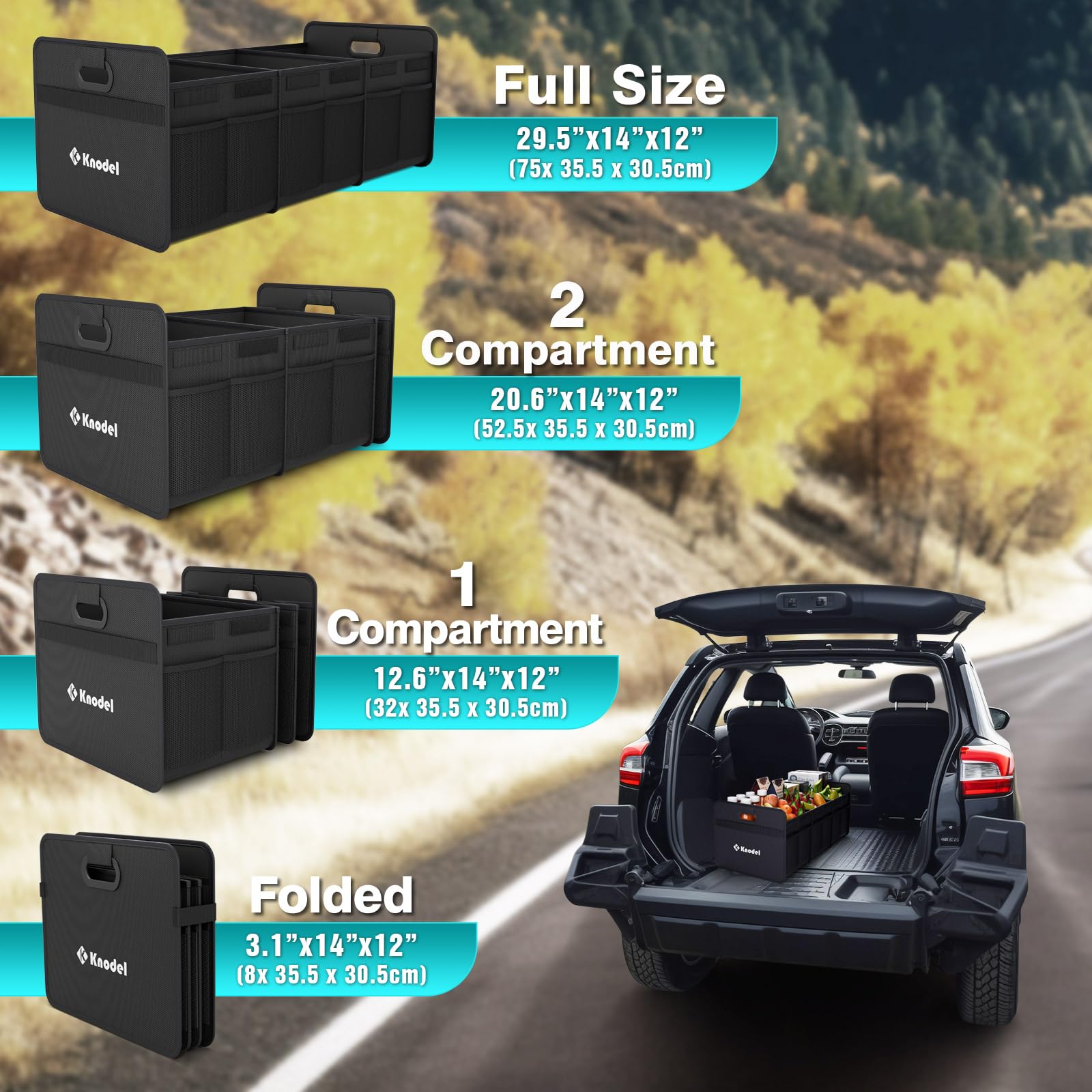 K Knodel Car Trunk Organizer, Foldable Organizer For Car, Automotive Consoles & Organizers, 3 Compartments Storage With Reinforc