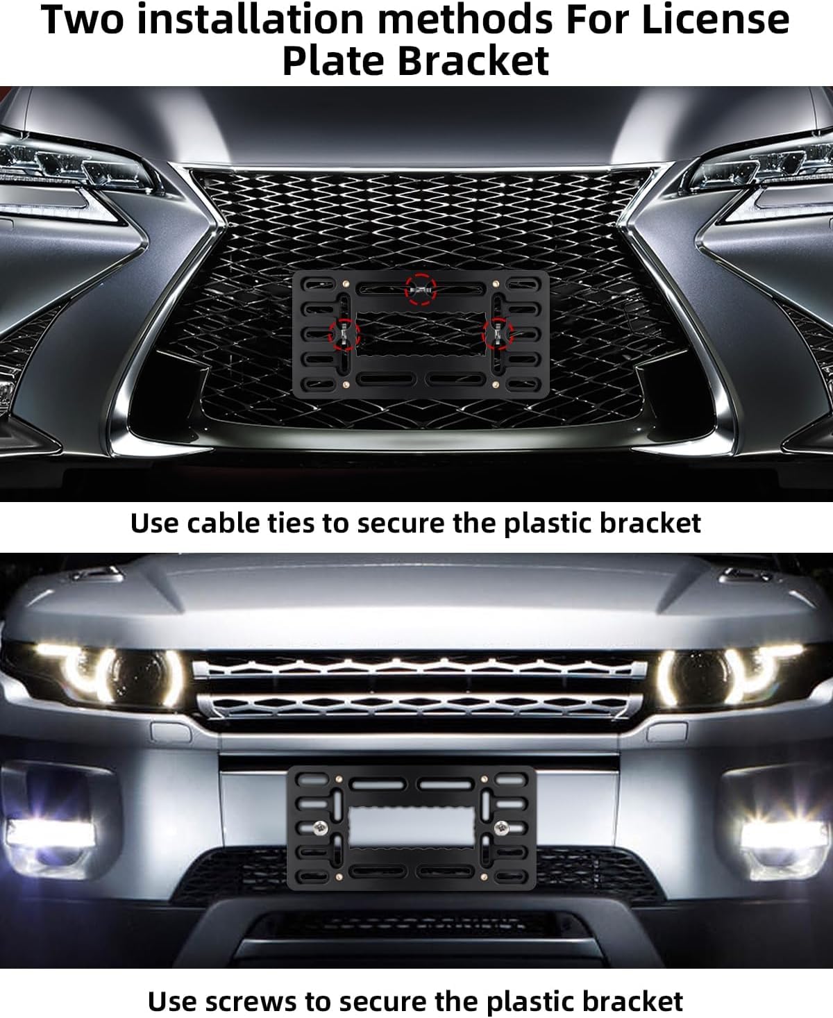 Xclpf Front License Plate Bracket. No Drill Front License Plate Bracket .Front License Plate Mounting Kit. Universal Bumper Car Frame Mount Adapter With Stainless Steel Screw Cap,Cable Ties