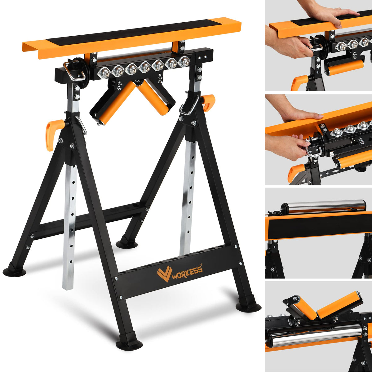 Workess 4 In 1 Roller Stand, Stable 440 Lbs Load Capacity With Saw Horses, V-Shaped, Multi-Directional Rollers & Outfeed Roller, Adjustable Height 33”- 50”, Folding For Woodworking