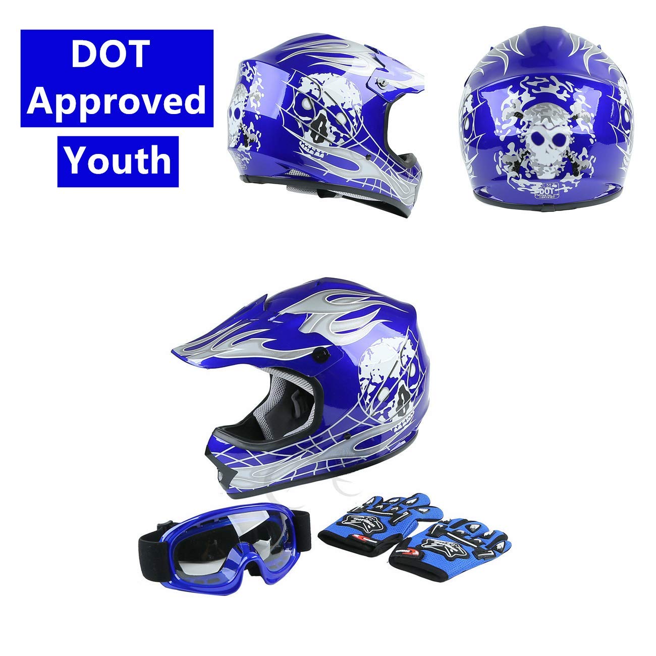 Slmoto Dot Youth Kids Helmet Motocross Offroad Street Helmet Motorcycle Helmet Dirt Bike Motocross Atv Blue Skull Design Helmet+Goggles+Gloves Large
