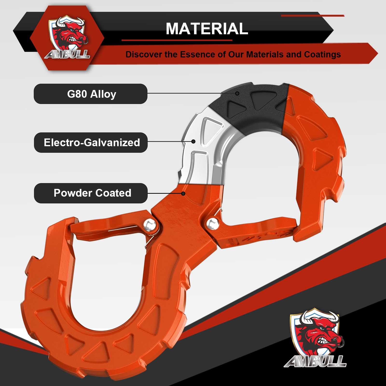 Ambull 3/8 Tow Hook, Winch Hook For Off-Road Recovery, Towing Shackle 33000 Lbs, G80 Heavy Duty Strength Integrated Winch Quick