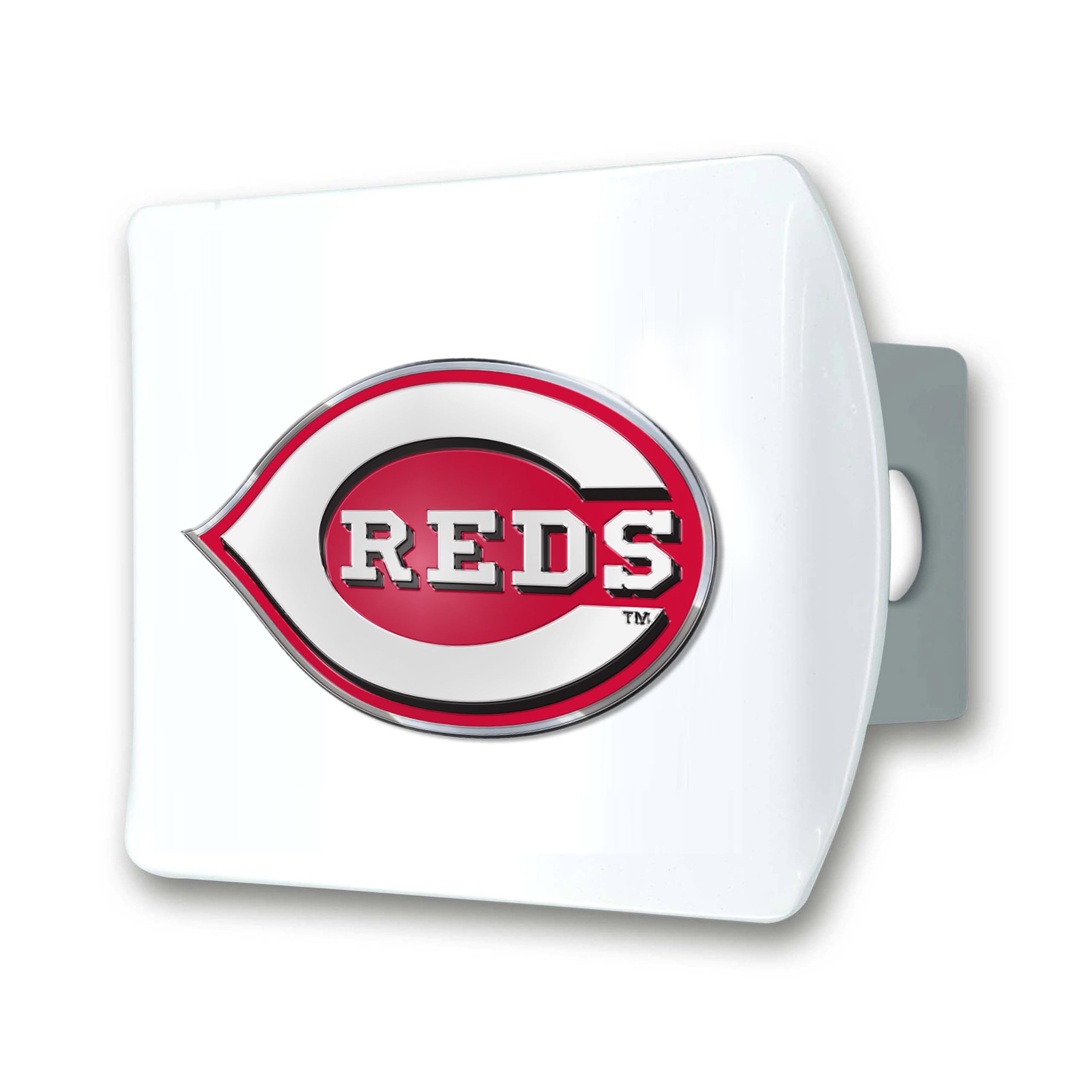 FANMATS 43762 MLB - Cincinnati Reds Color Hitch Cover - White with Metal Chrome 3D Logo Emblem - Easy Installation on Truck, SUV