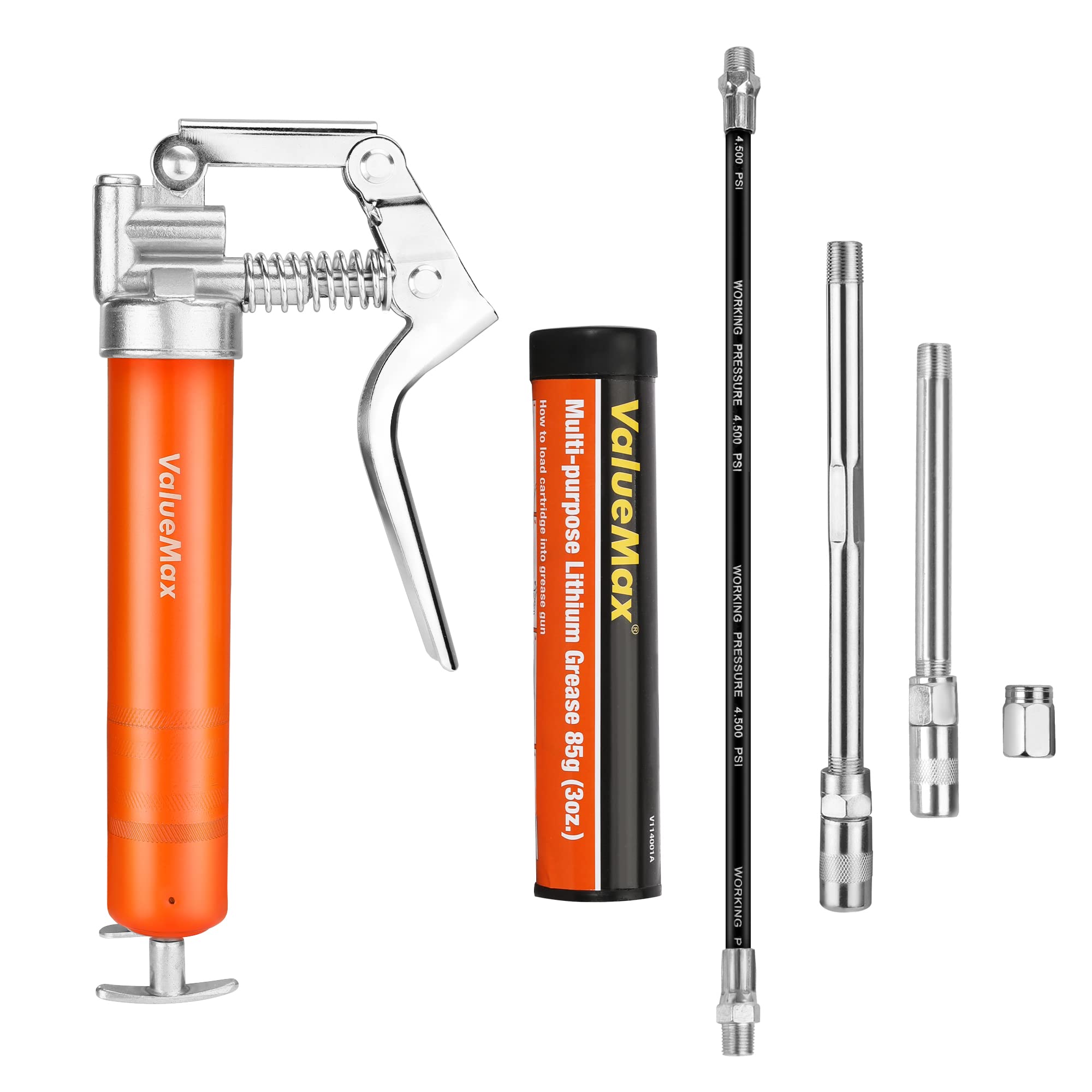 Valuemax Mini Grease Gun Kit (3500 Psi) With 3 Oz Grease, 12'' Flexible Hose, 5'' & 3    Extension Tubes, Pistol Grip, Reinforce
