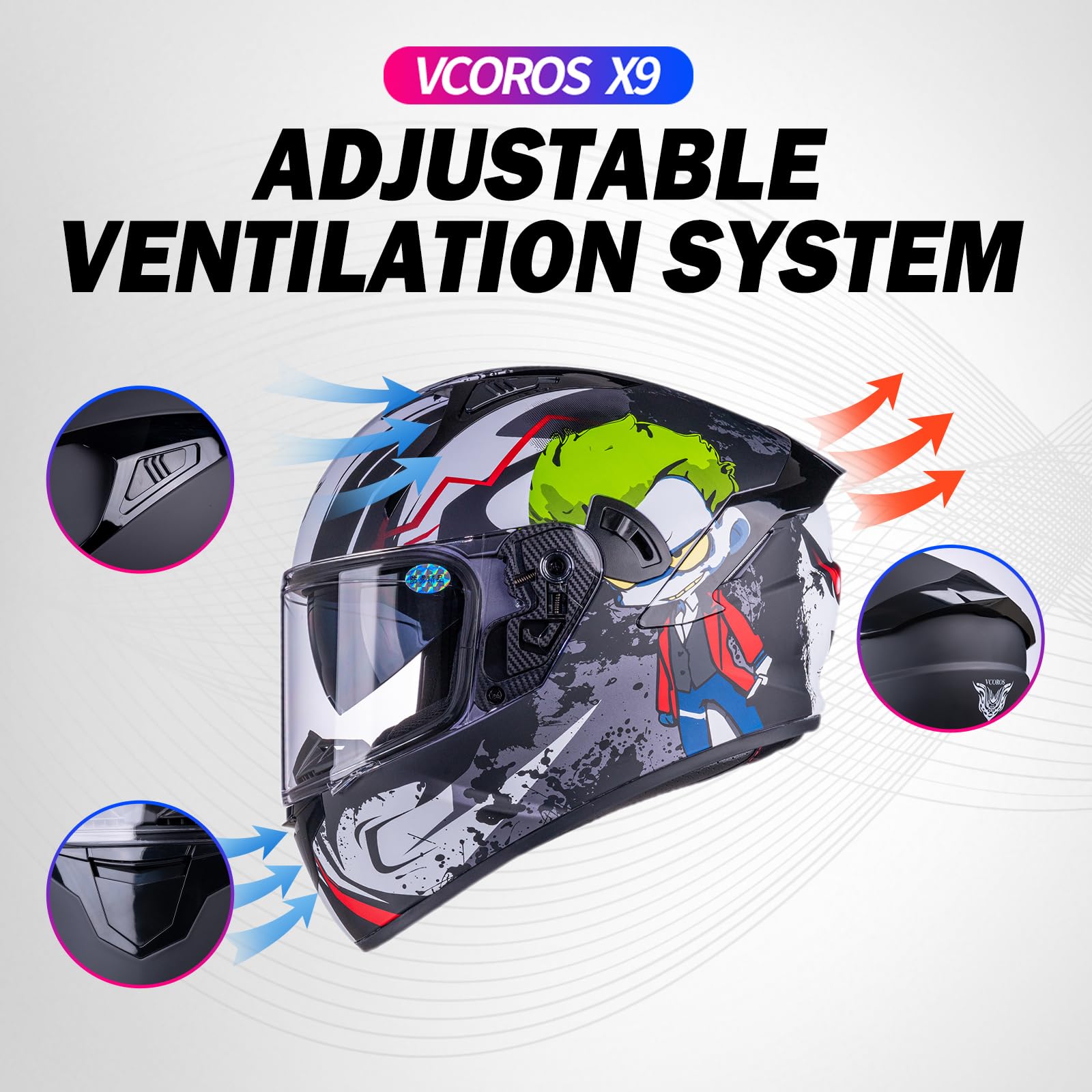 VCOROS X9 Full Face Motorcycle Helmet - DOT Approved, Medium, Alien Color, ABS, with Inner Sun Visor & Bluetooth Speaker Pockets