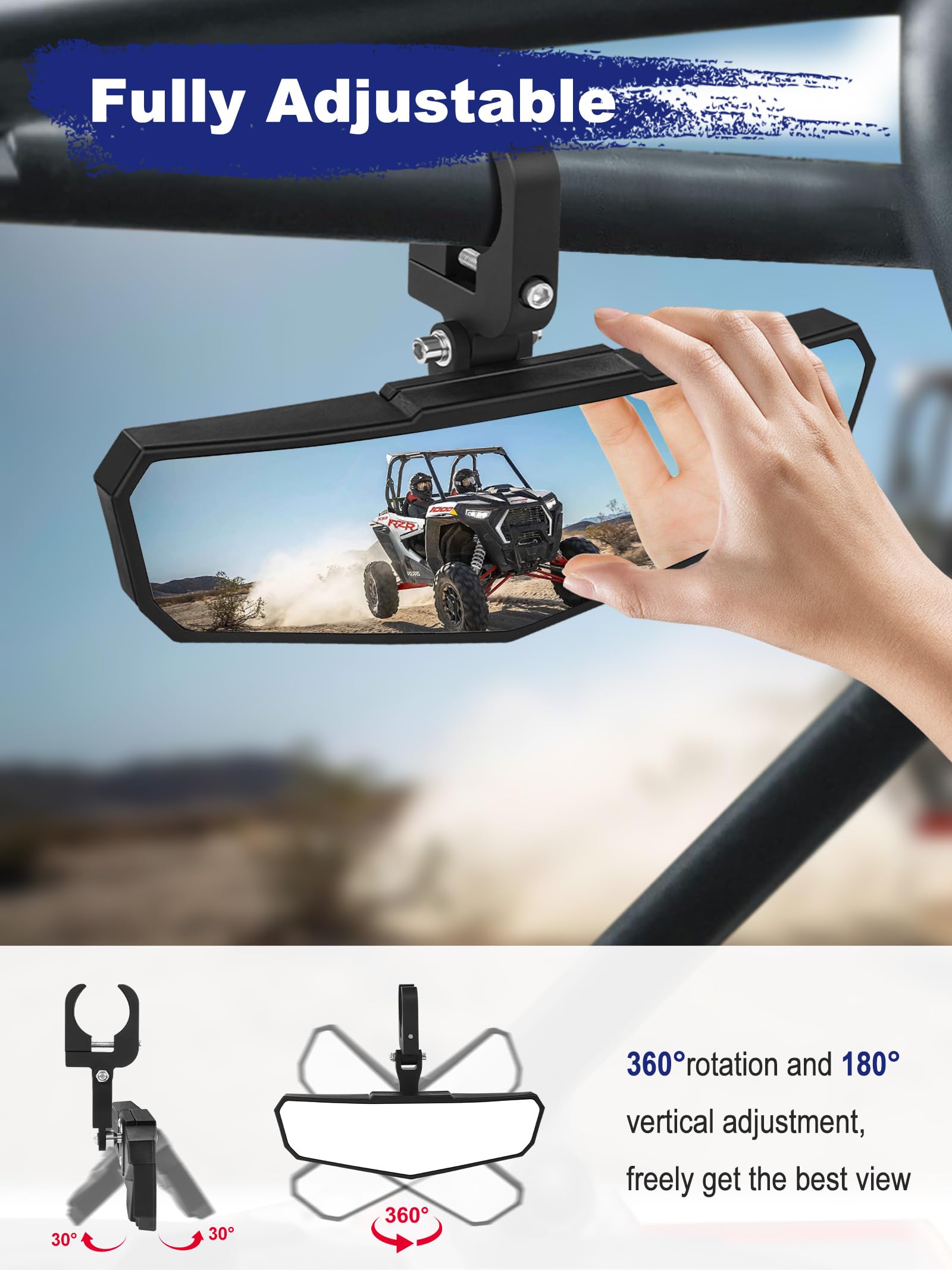 ZIDIYORUO UTV Rear View Mirror, HD SXS UTV Center Mirror with Aluminum Clamp fits 1.5''-2.0'' Roll Cage Mount, Compatible with P