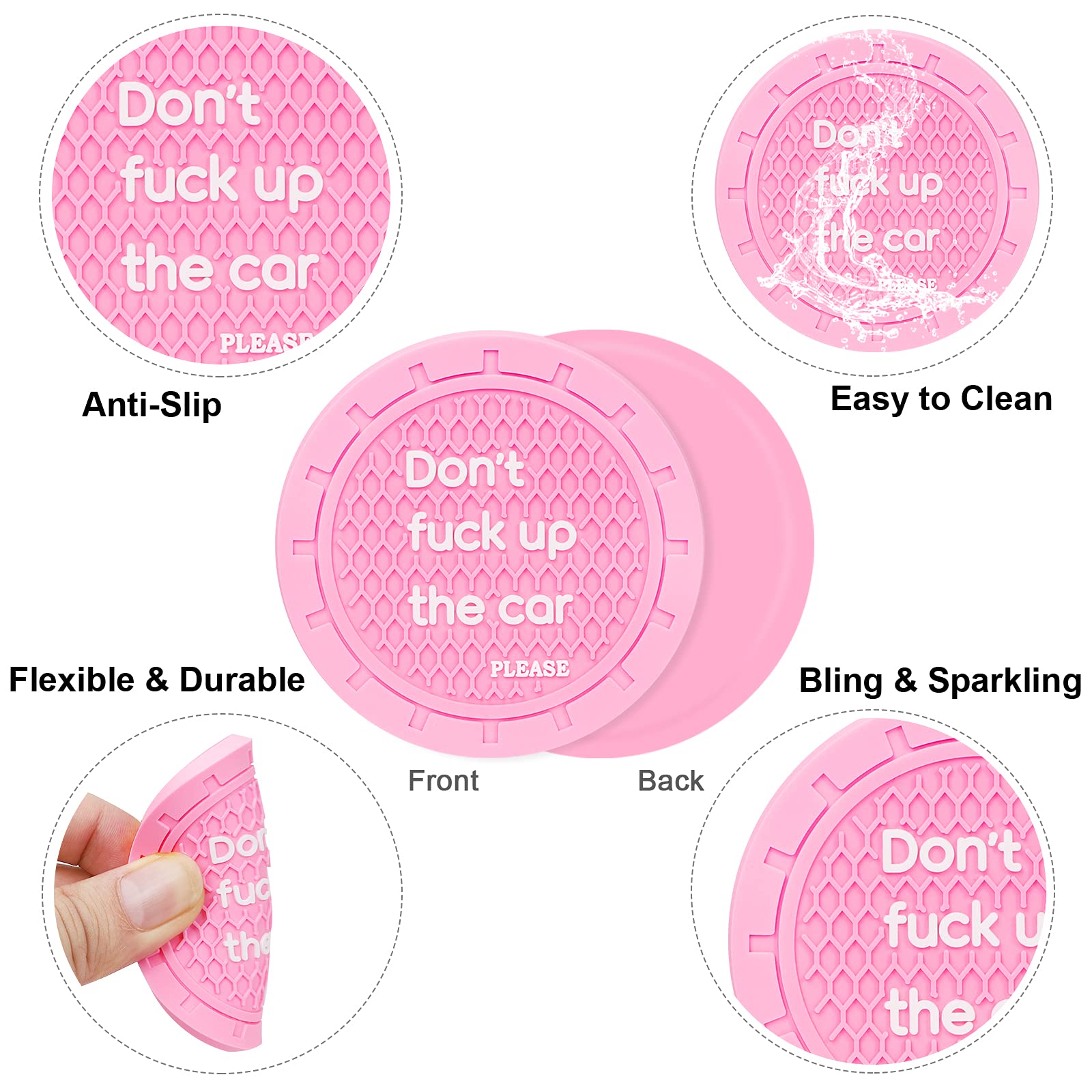 4 Pcs Car Coasters For Cup Holders, Shanshui Cup Holder Insert Anti-Slip Silicone Cup Holder Car Coasters Interior Accessories For Women Fit Most Cars (Pink / 4Pcs)