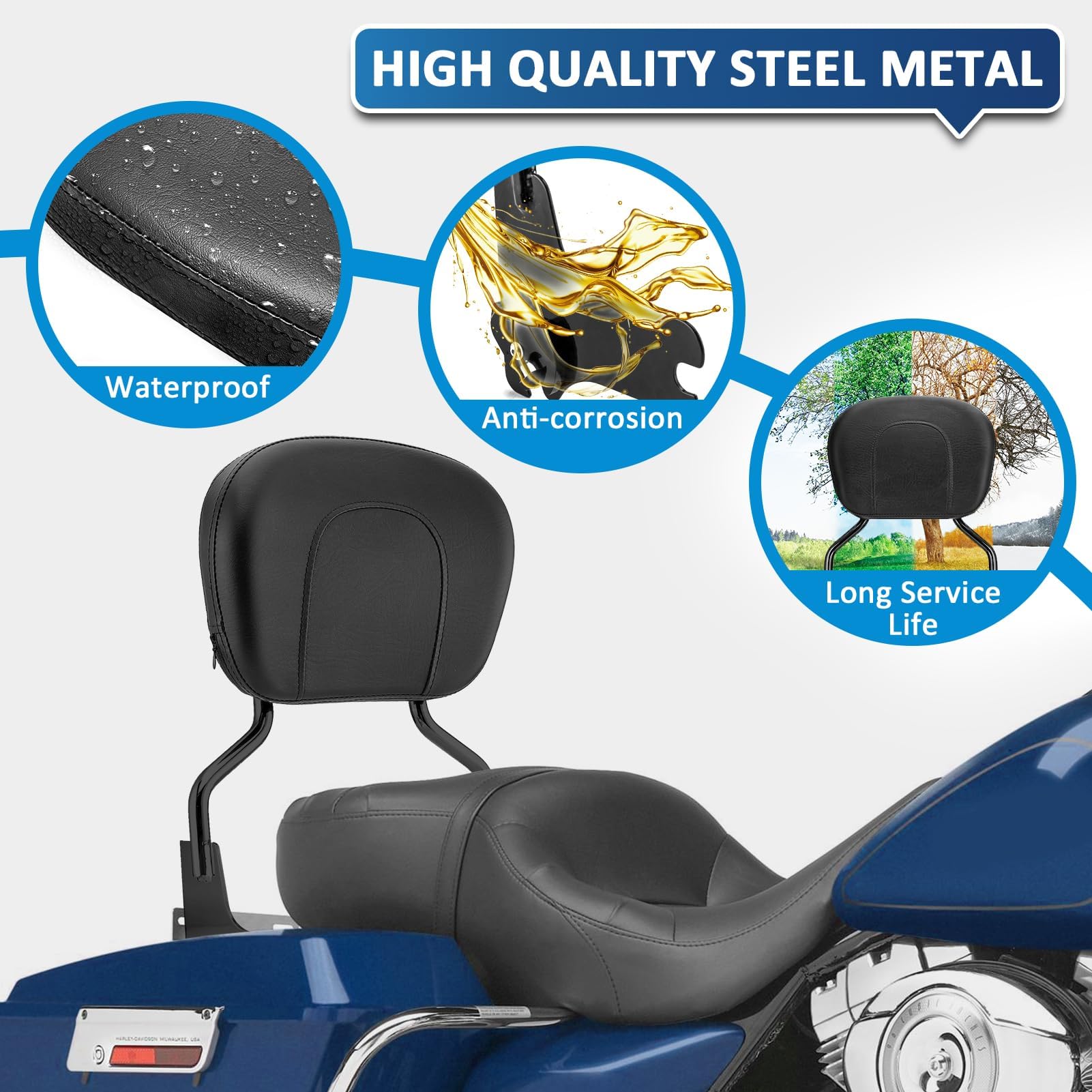 Detachable Gloss Black Sissy Bar w/Passenger Backrest Pad & 4-Point Docking Hardware Kit Compatible with Harley Davidson Touring