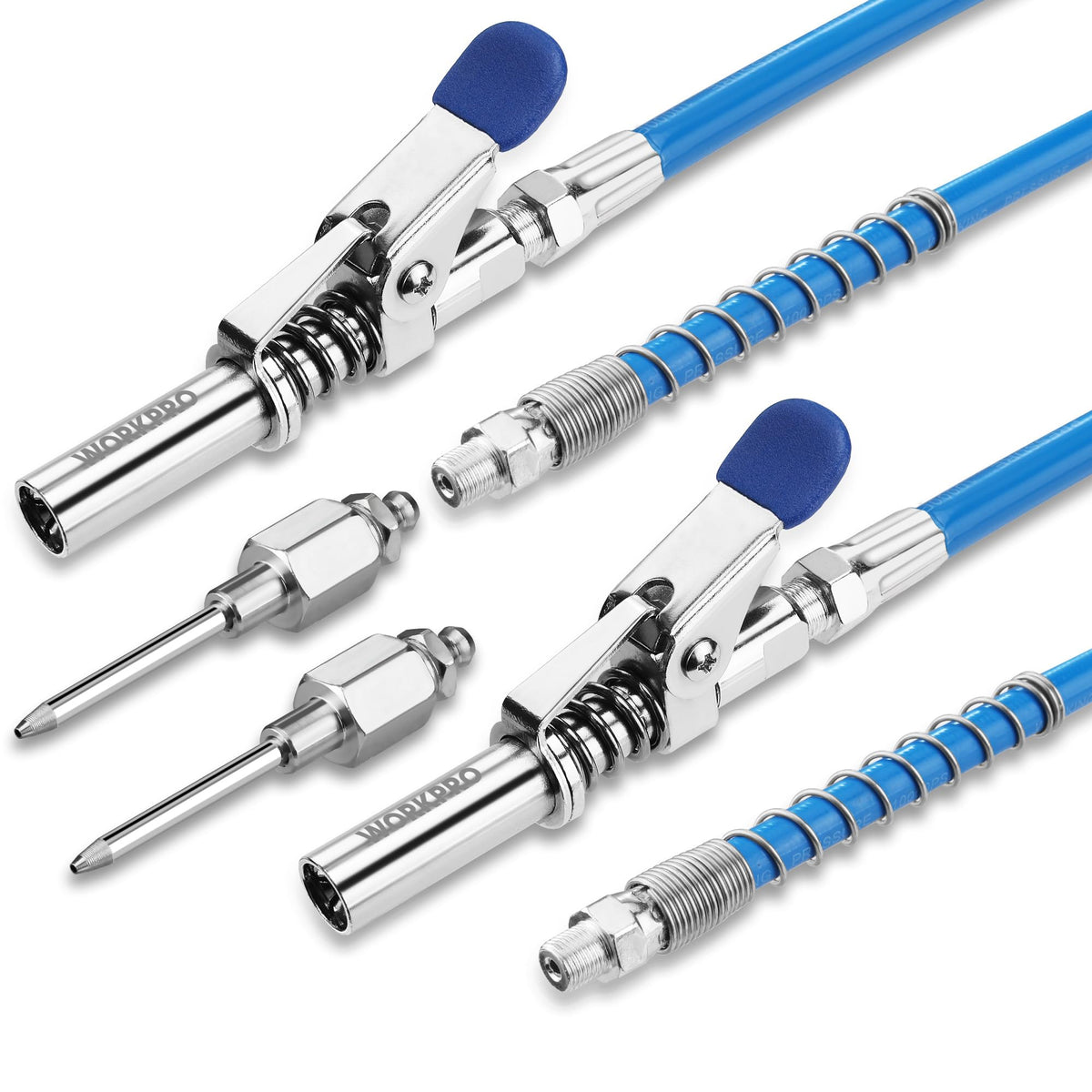 WORKPRO Grease Gun Coupler Set, 2PCS Quick Release Grease Gun Couplers with 2PCS Grease Needles and 2PCS 12    Grease Hoses, 100