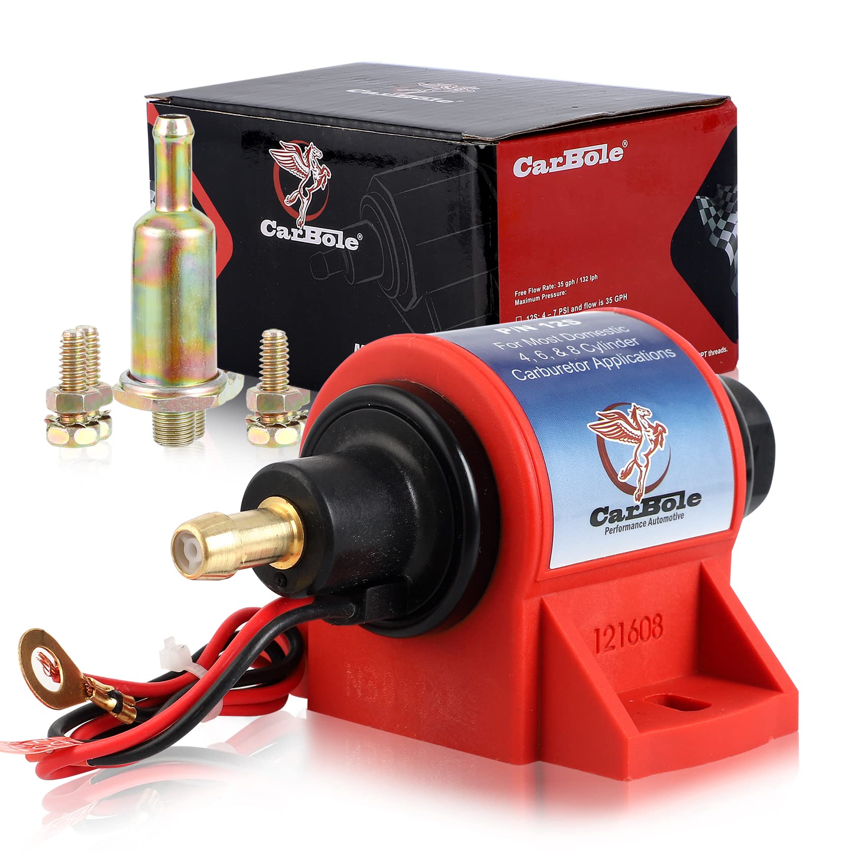 CarBole Micro Electric Gasoline Fuel Pump Universal 5/16 inch Inlet and Outlet 12V 12A 35GPH 47 P.S.I. Operating Fuel Pressure