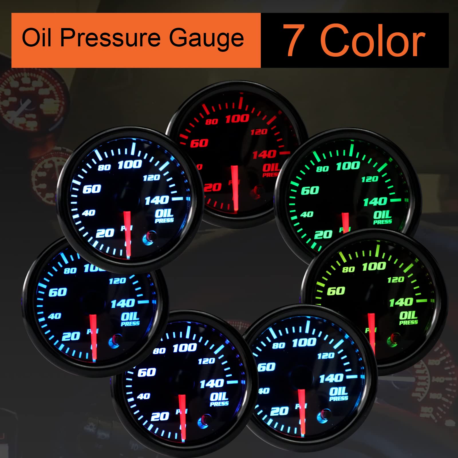 7 Color Oil Pressure Gauge 0-140 Psi Oil Press Gauge Meter 52Mm 2-1/16'' Led Backlight Black Oil Pressure Meter With Oil Pressur