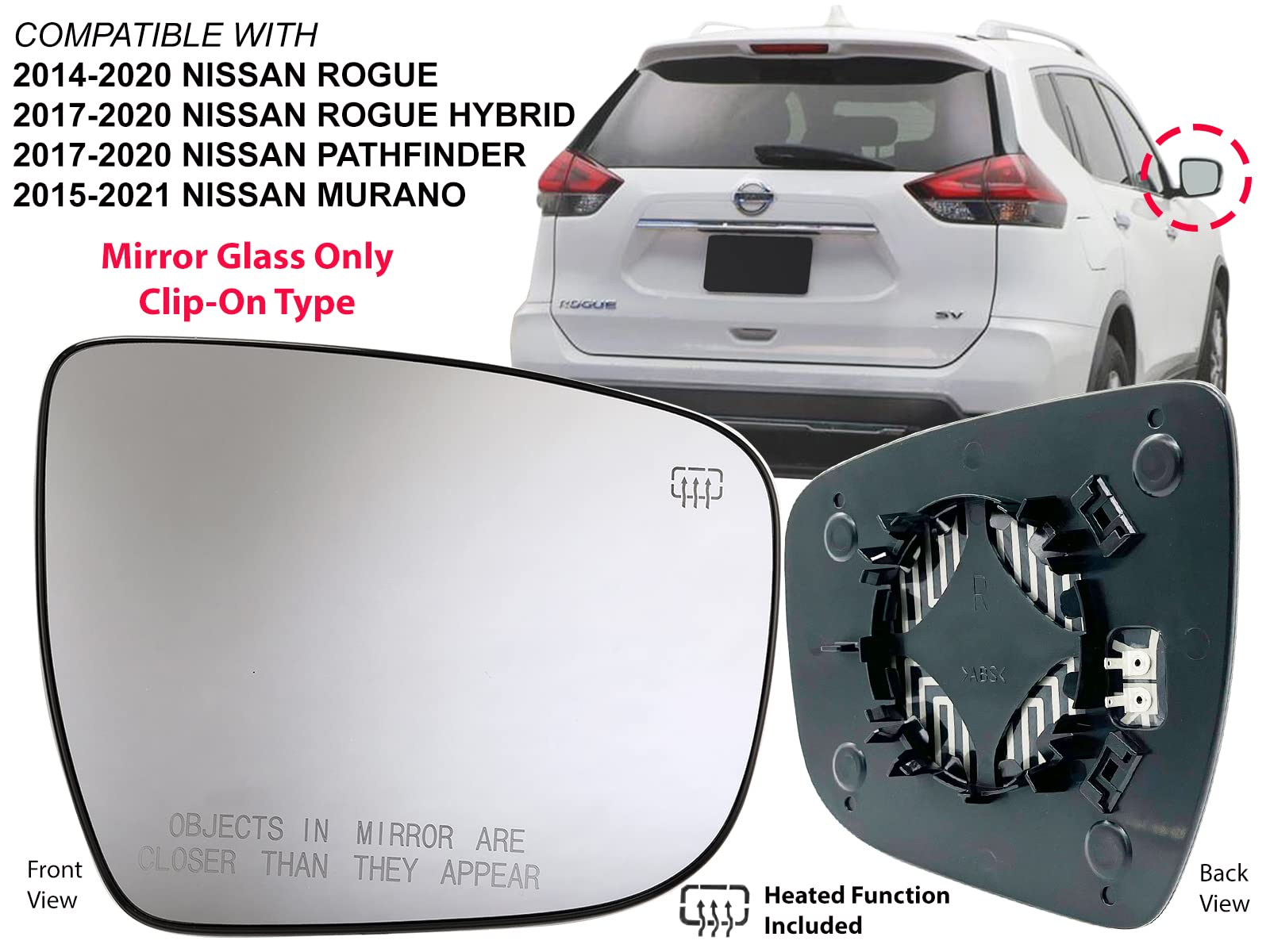 Apa Replacement Mirror Glass For 2014-2020 Rogue 2015-2021 Murano 2017-2020 Pathfinder Power Heated Passenger Right Side 963654Ba1A Ni1325120