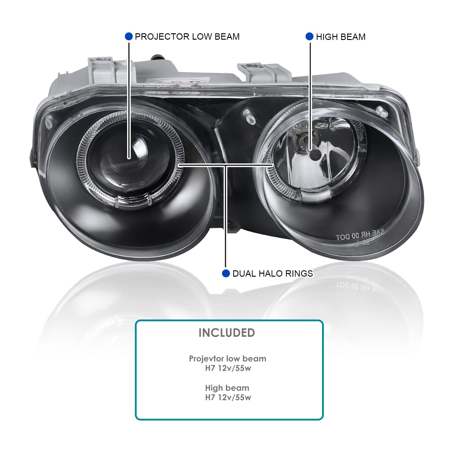 Spec-D Tuning Halo Black Projector Headlights Compatible with 1998-2001 Acura Integra 2Dr/4Dr Left + Right Pair Headlamps Assembly