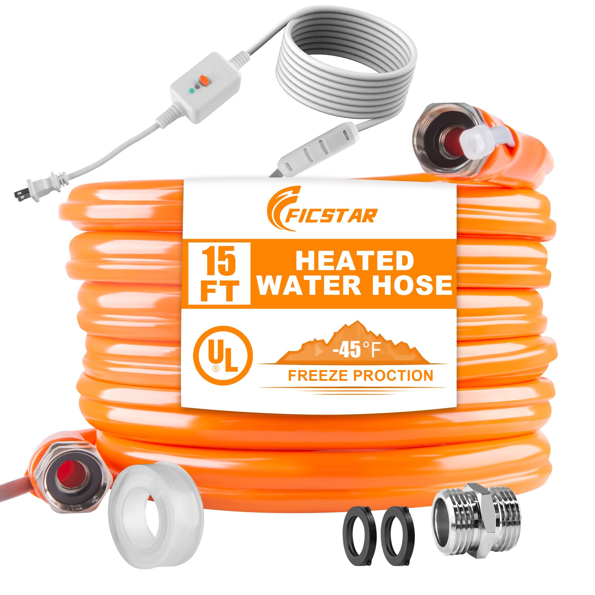 Ficstar 15FT Heated Water Hose for RV, Heated Drinking Water Hose Antifreeze to -45F, Water Heater Thermostat with Self-regulati