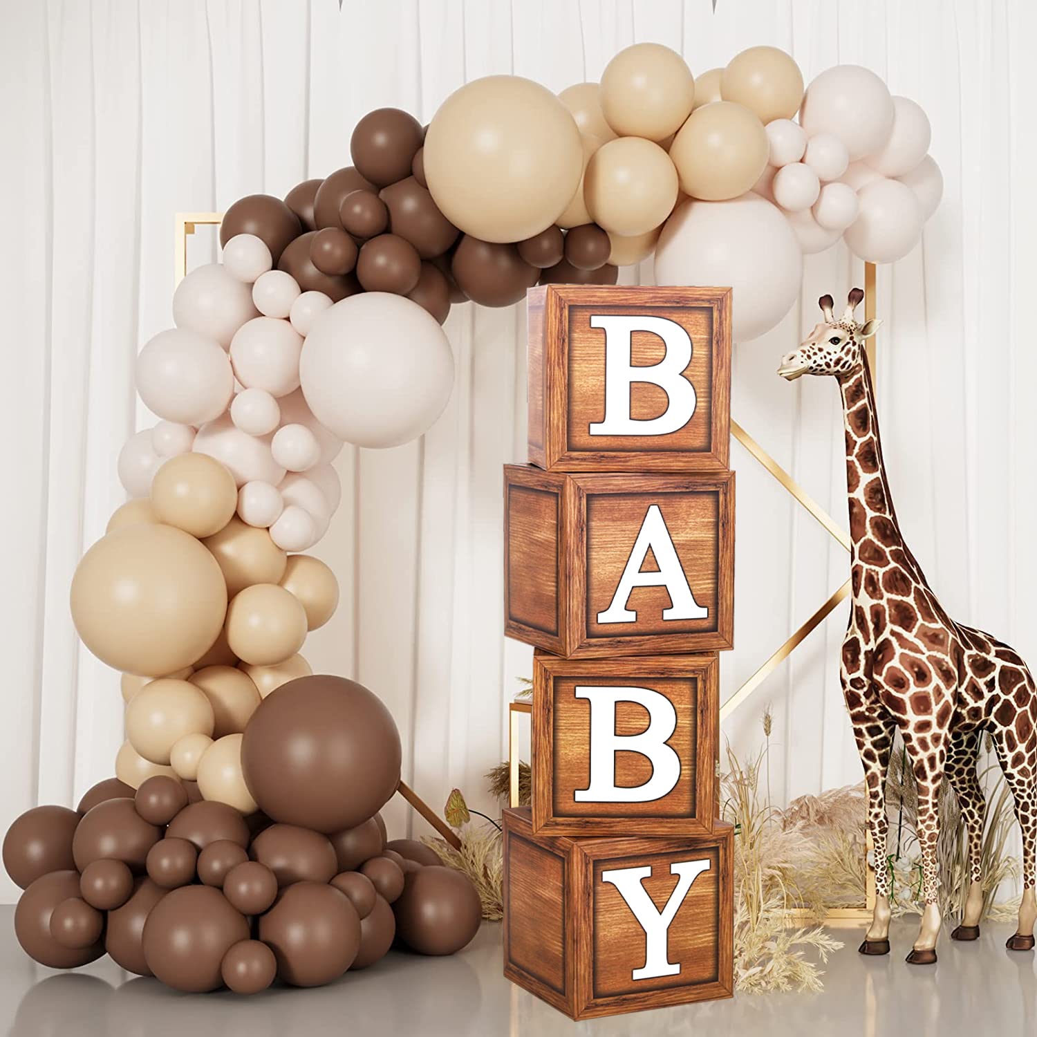 Baby Shower Boxes For Birthday Decorations - 4 Wood Grain Brown Baby Balloon Boxes, Baby Boxes For First Birthday Centerpiece De