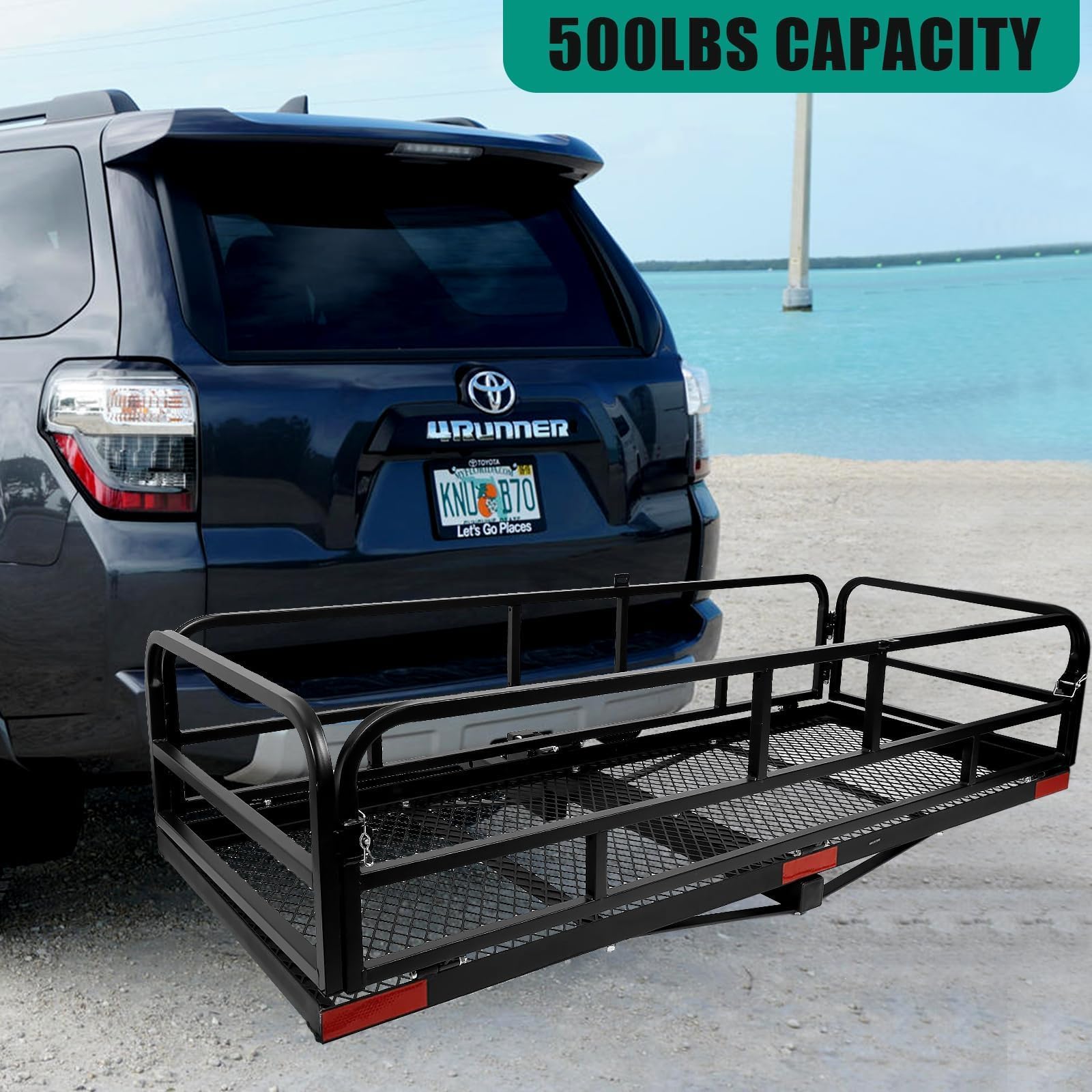 LITBM Hitch Cargo Rack, 60 x 24 x 14 Inch Folding Hitch Mount Cargo Carrier with High Side Rails for Trailer RV Truck SUV Van, 5