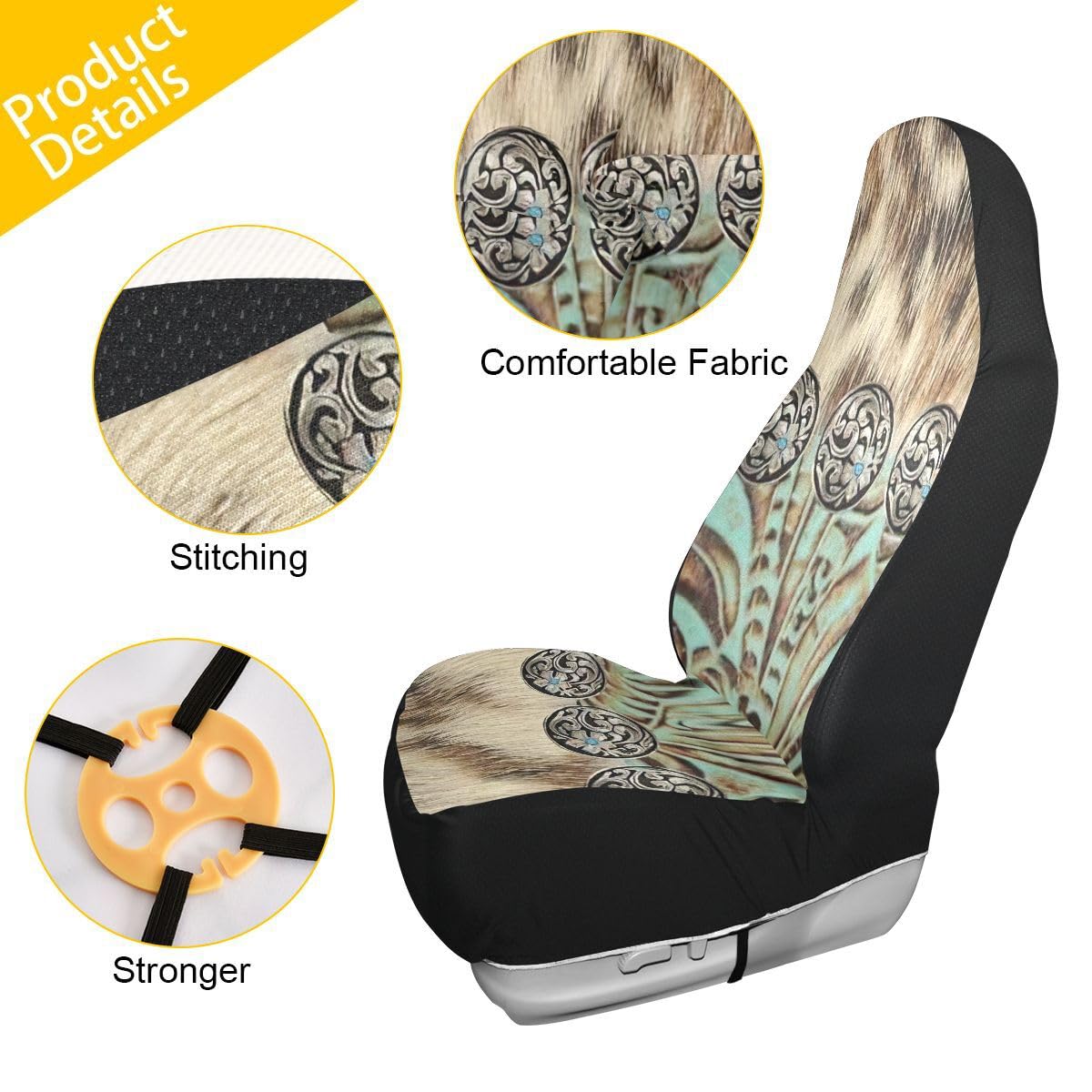 LONSANT Western Car Seat Covers Set of 2,Rustic Brown Beige Teal Western Country Cowboy Tooled Leather Universal Auto Front Seat