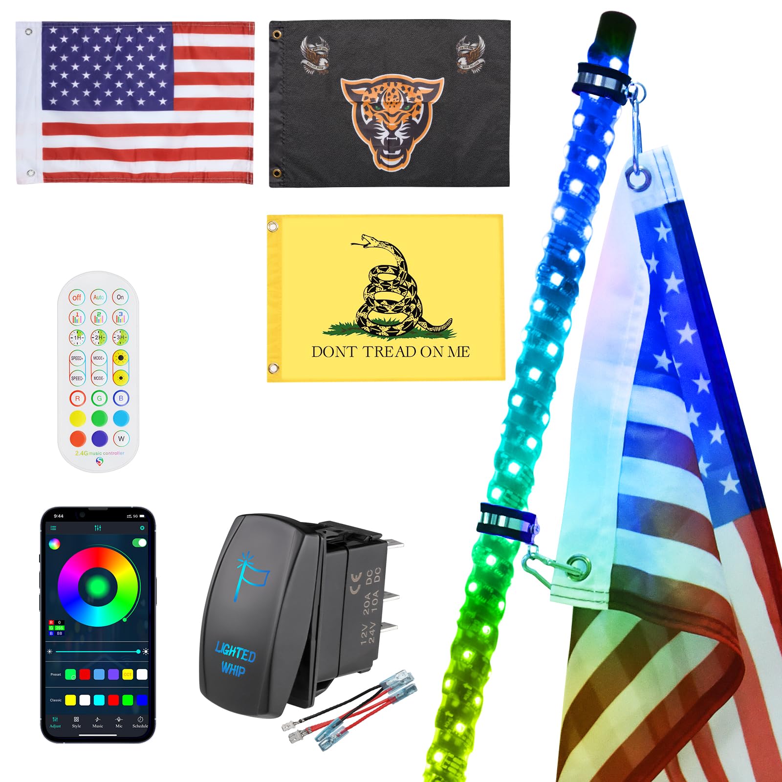 Ehaho 1 Pack 1Ft Whip Lights,Led Whip Light With App & Remote Control, Spiral Rgb Chasing Lighted Whips With Rocker Switch, Musi