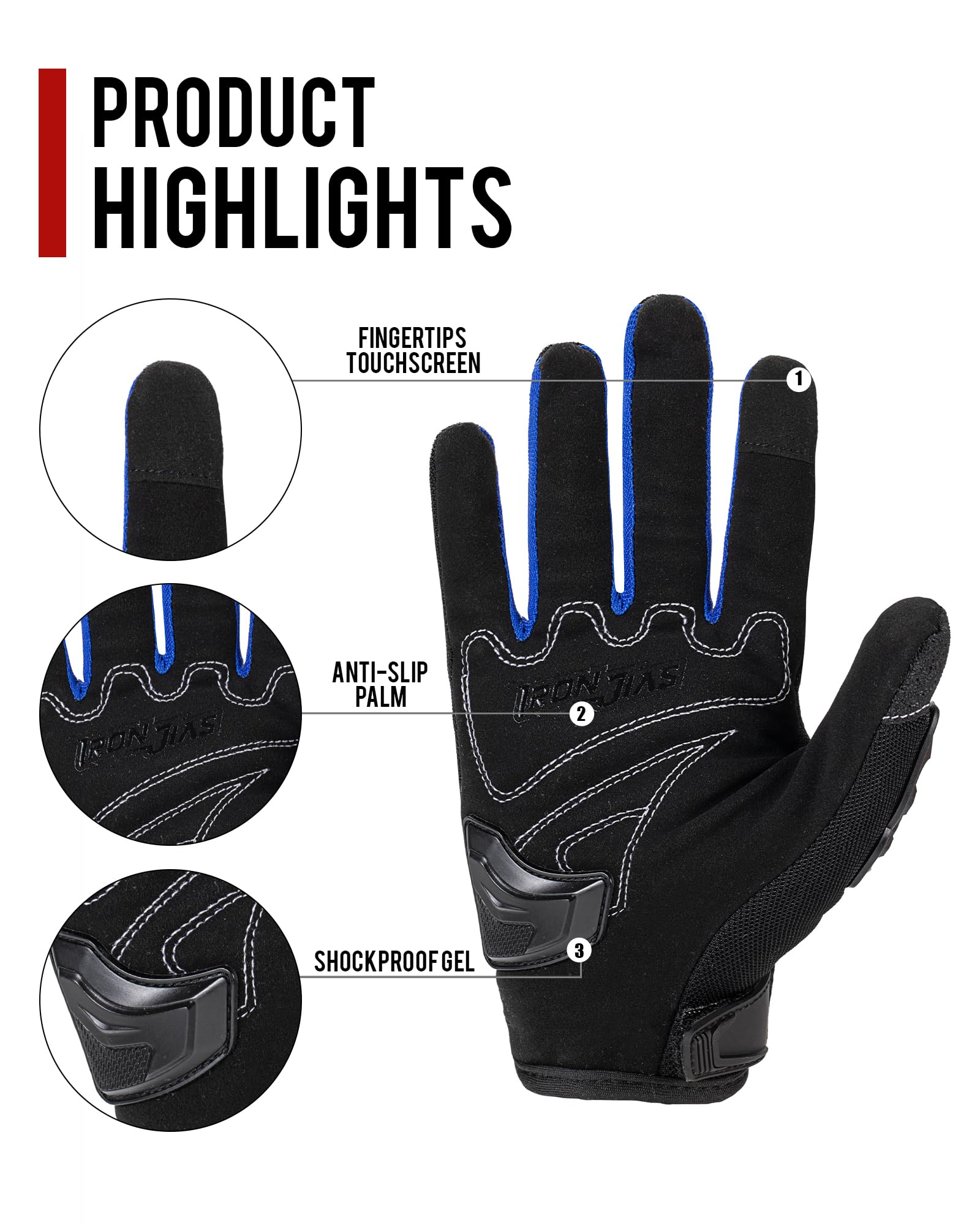 Iron Jia'S Motorcycle Gloves Full Finger Durable For Road Racing Bike Summer Spring Powersports Support Touch Screen Blue-L