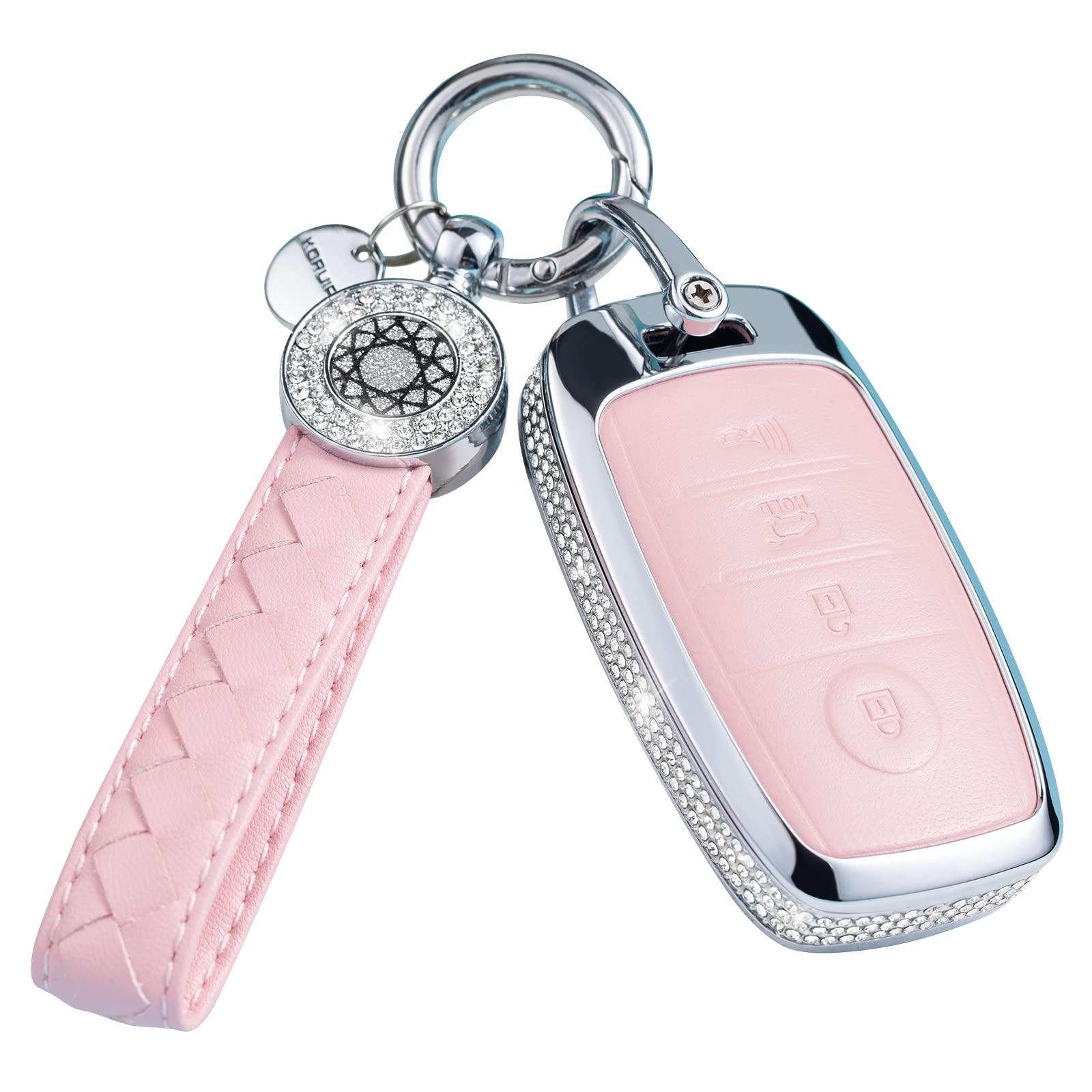 Ruabiban Key Fob Cover For Kia Niro Forte Optima Sorento Rio Soul Sportage, Pink Genuine Leather Crystal Car Keys Shells Cases 4