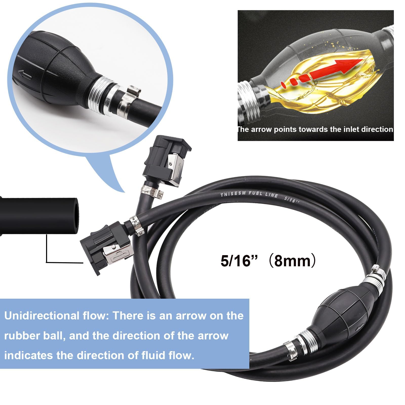 Tnisesm 5/16' 6Ft Fuel Line Assembly, With Connector Rubber Marine Outboard Boat Motor Rvs Fuel Assembly With Primer Bulb 304 Steel Hose Clamps