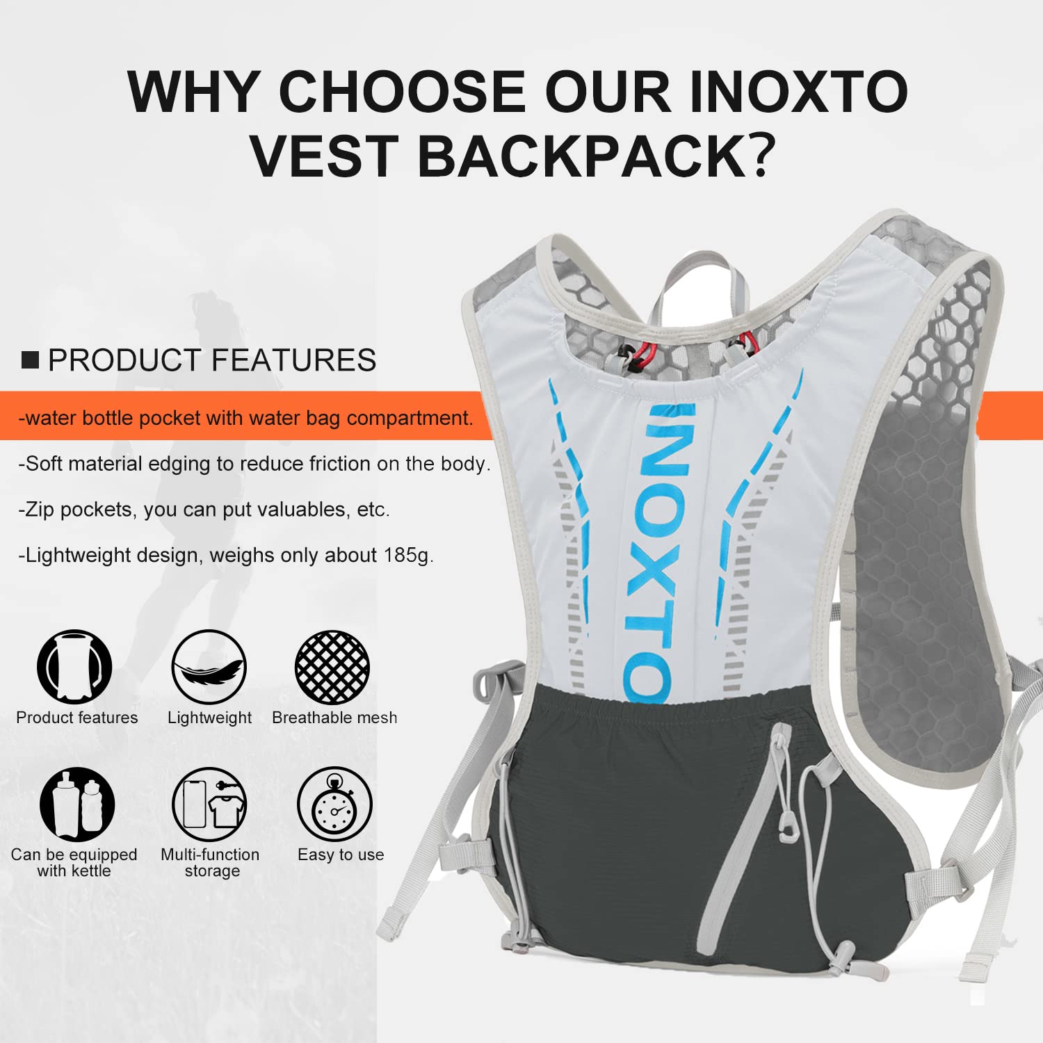Inoxto Hydration Vest Backpack,Lightweight Insulated Pack With 1.6L Water Bladder Bag Daypack For Hiking Trail Running Cycling Race Marathon For Women Men